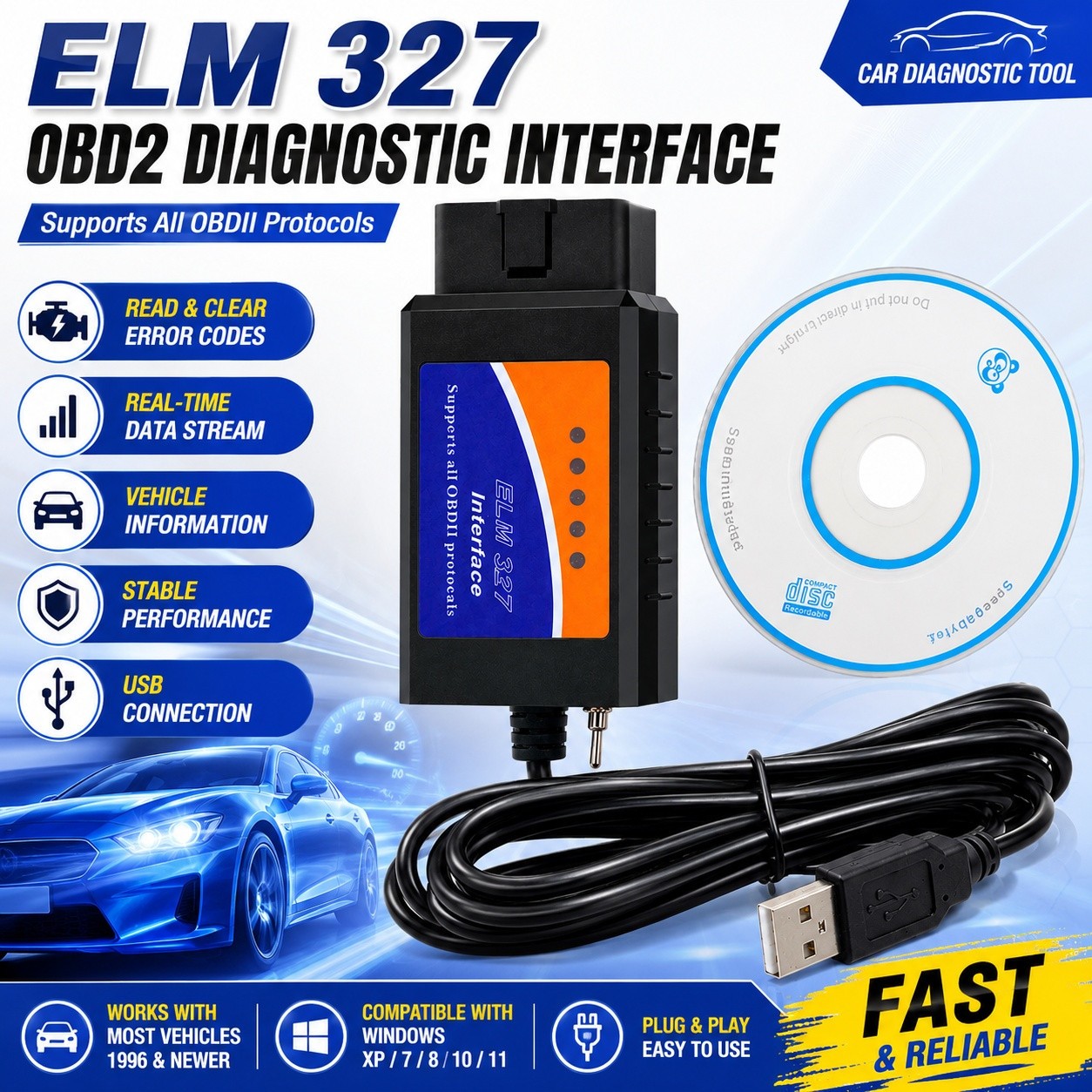 FOR Scan ELM327 Software OBD2 Scanner Adapter USB Diagnostic Tool Cable for Ford