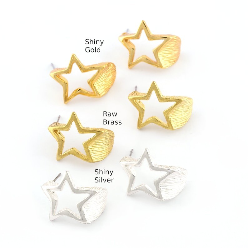 1 pair Stars earring post stud wire base Raw brass, Shiny Silver,Shiny Gold 4380