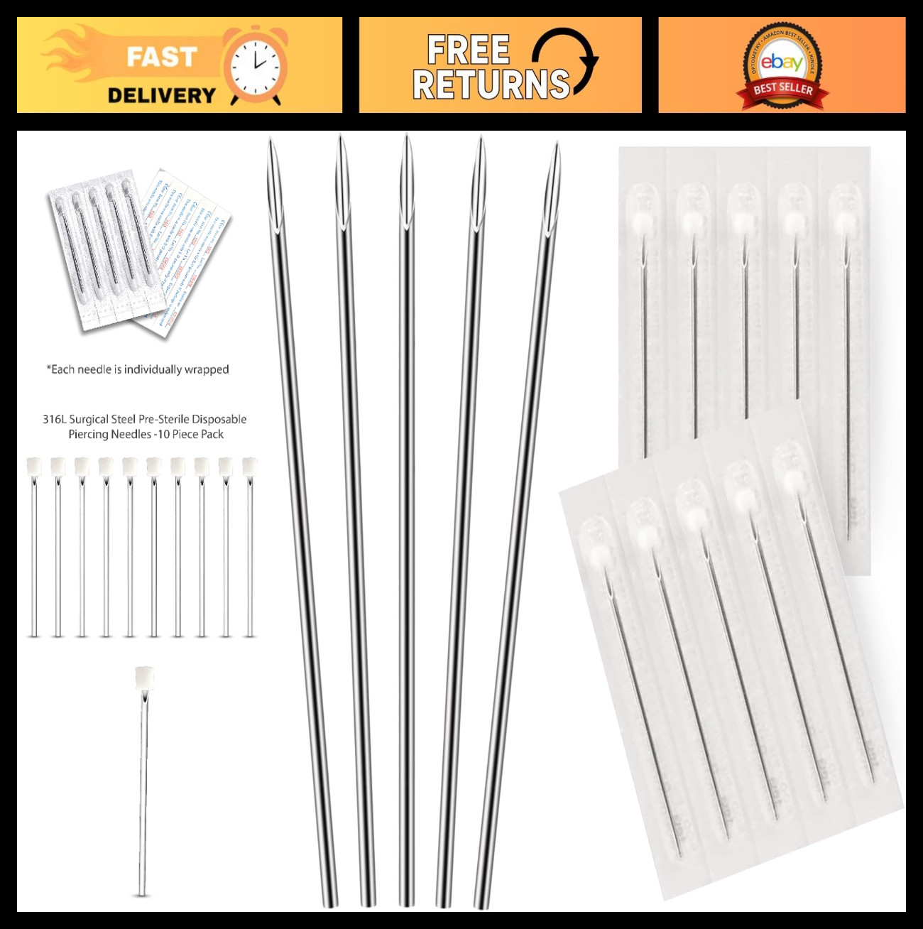10PC Sterile Piercing Needles 14G 16G - Sharp Surgical Stainless Steel for Nose,