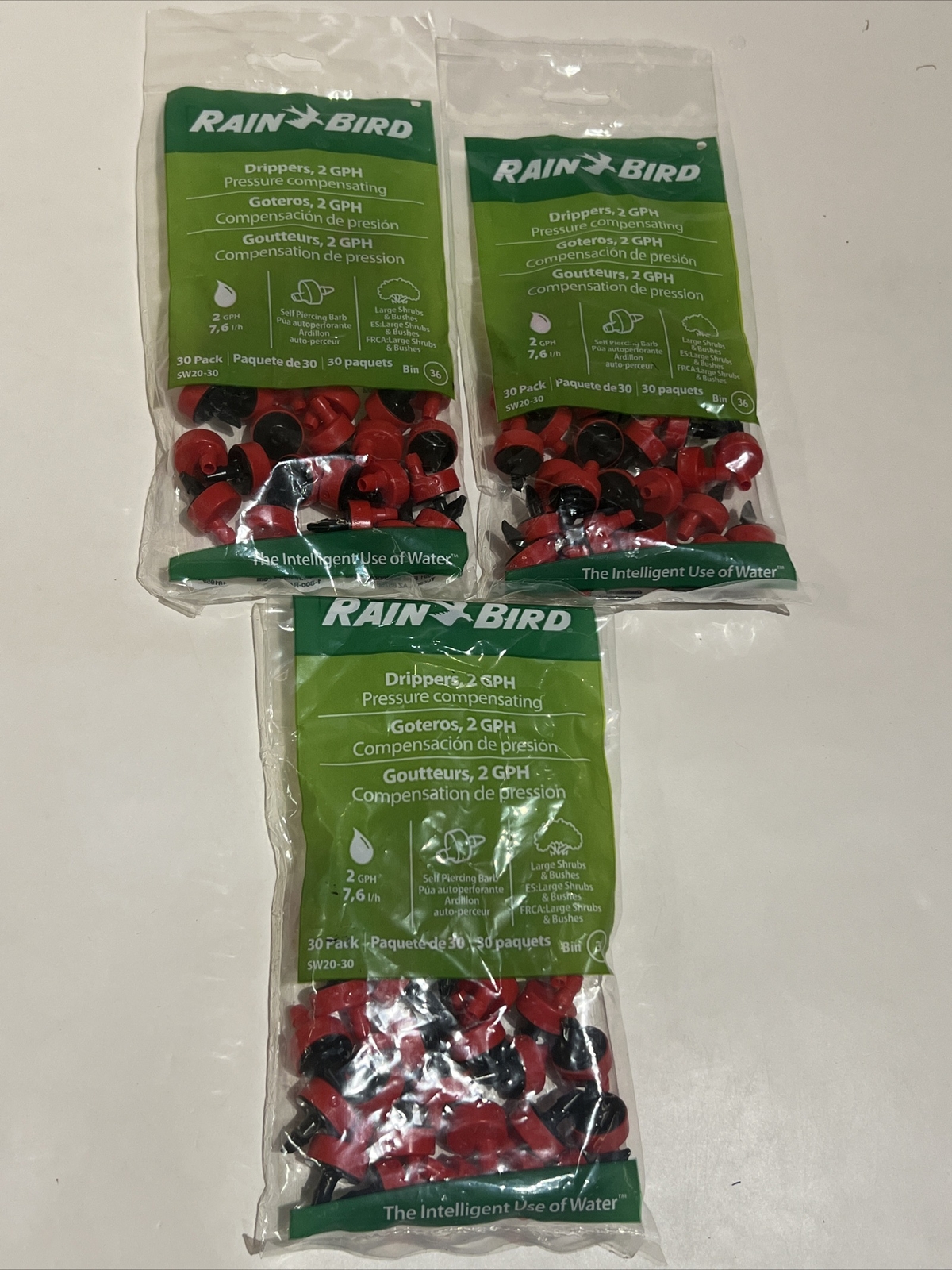90 Rain Bird SW20-Drip Irrigation Spot Watering Dripper/Emitter, 2 GPH 3pac x 30