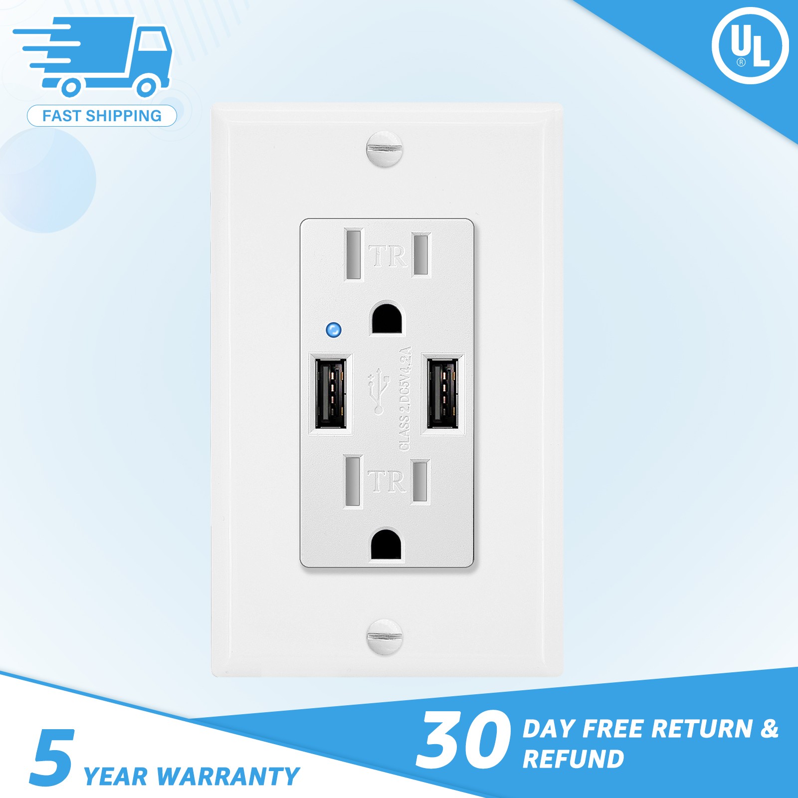 4.2AMP Dual USB Wall Outlet Socket Power Charger Receptacle w/ Wall Plate TR UL