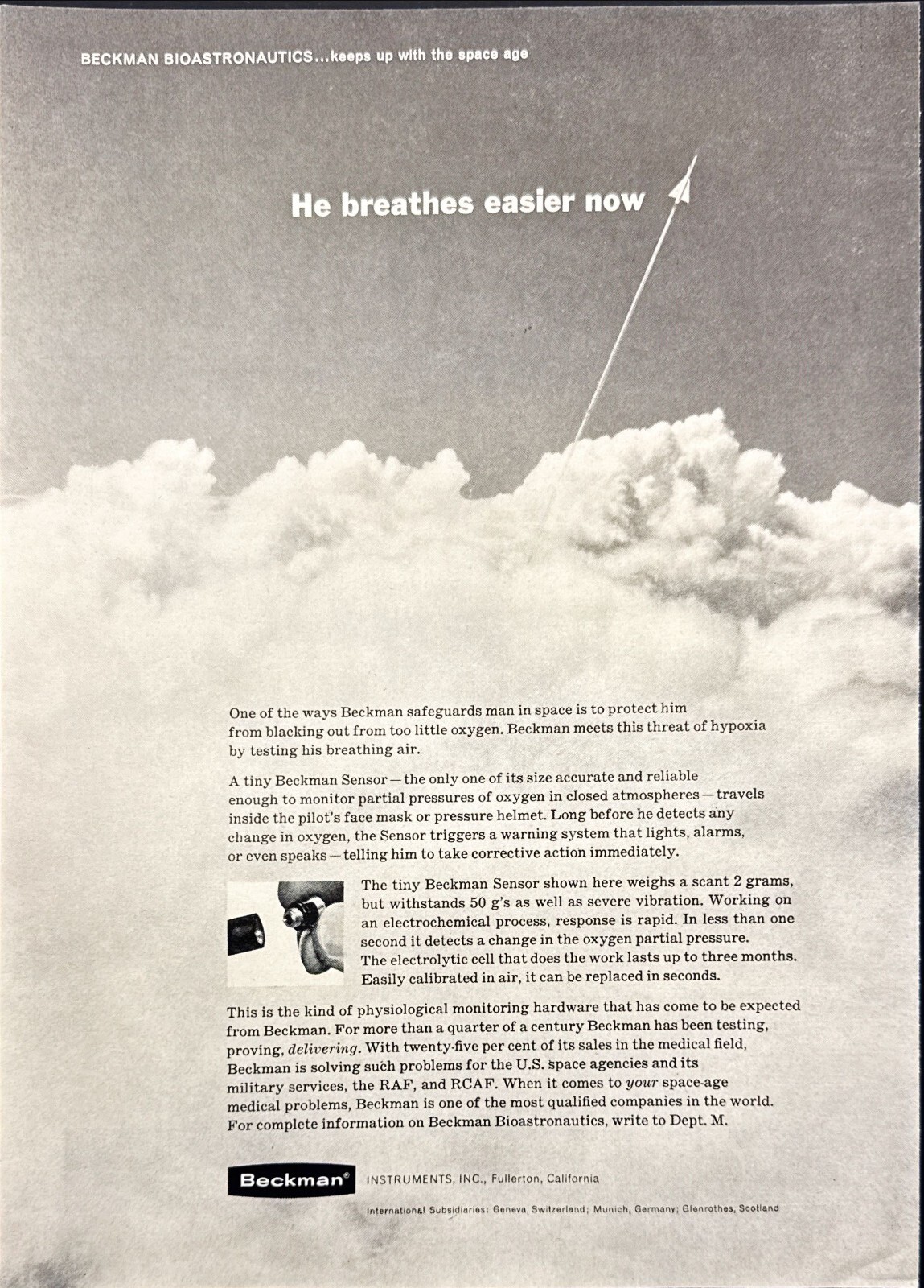 Beckman Instruments Hypoxia Oxygen Sensor Fullerton CA Vtg Print Ad 1963