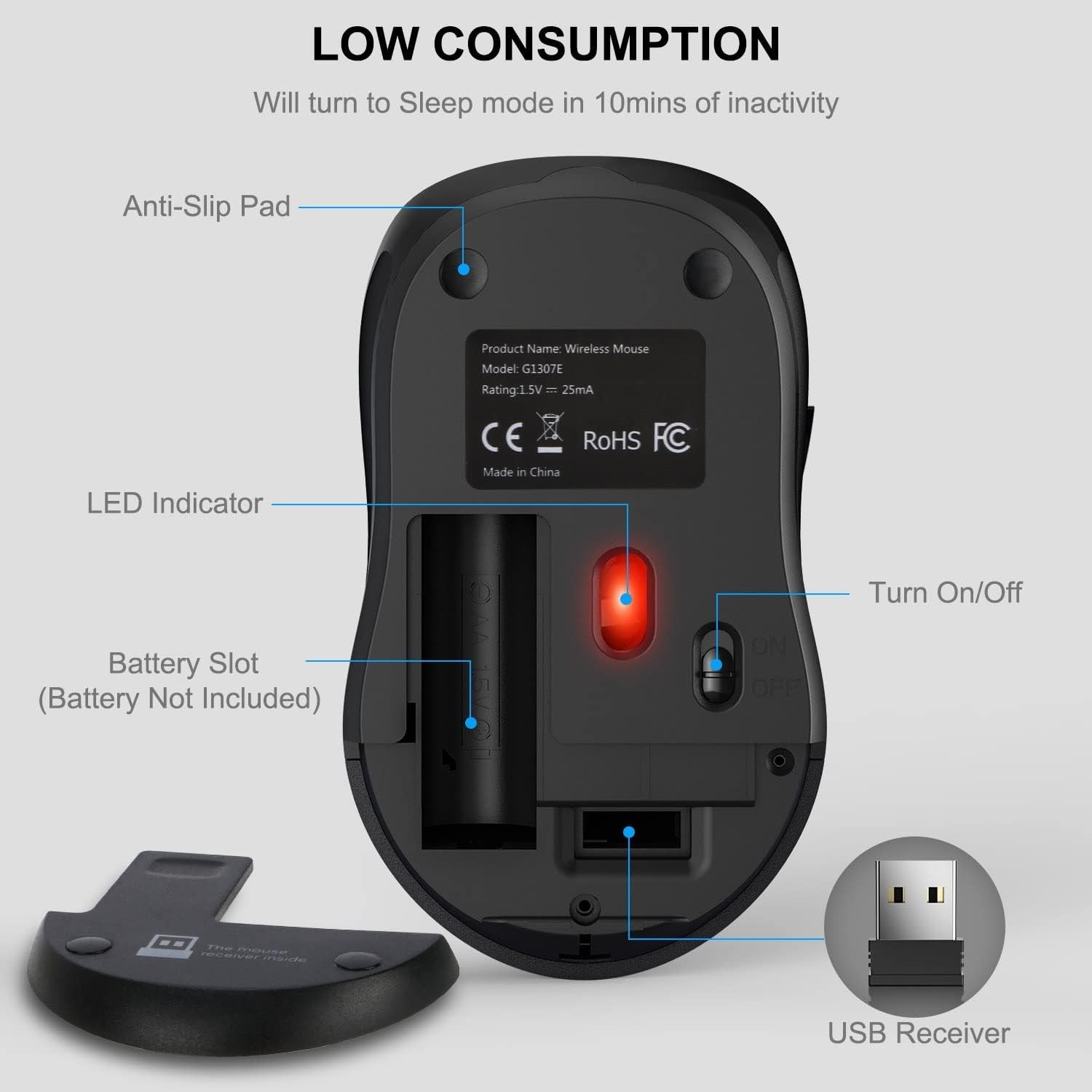 Lightweight Grey Wireless Computer Mouse for Laptops - 3 Adjustable Levels