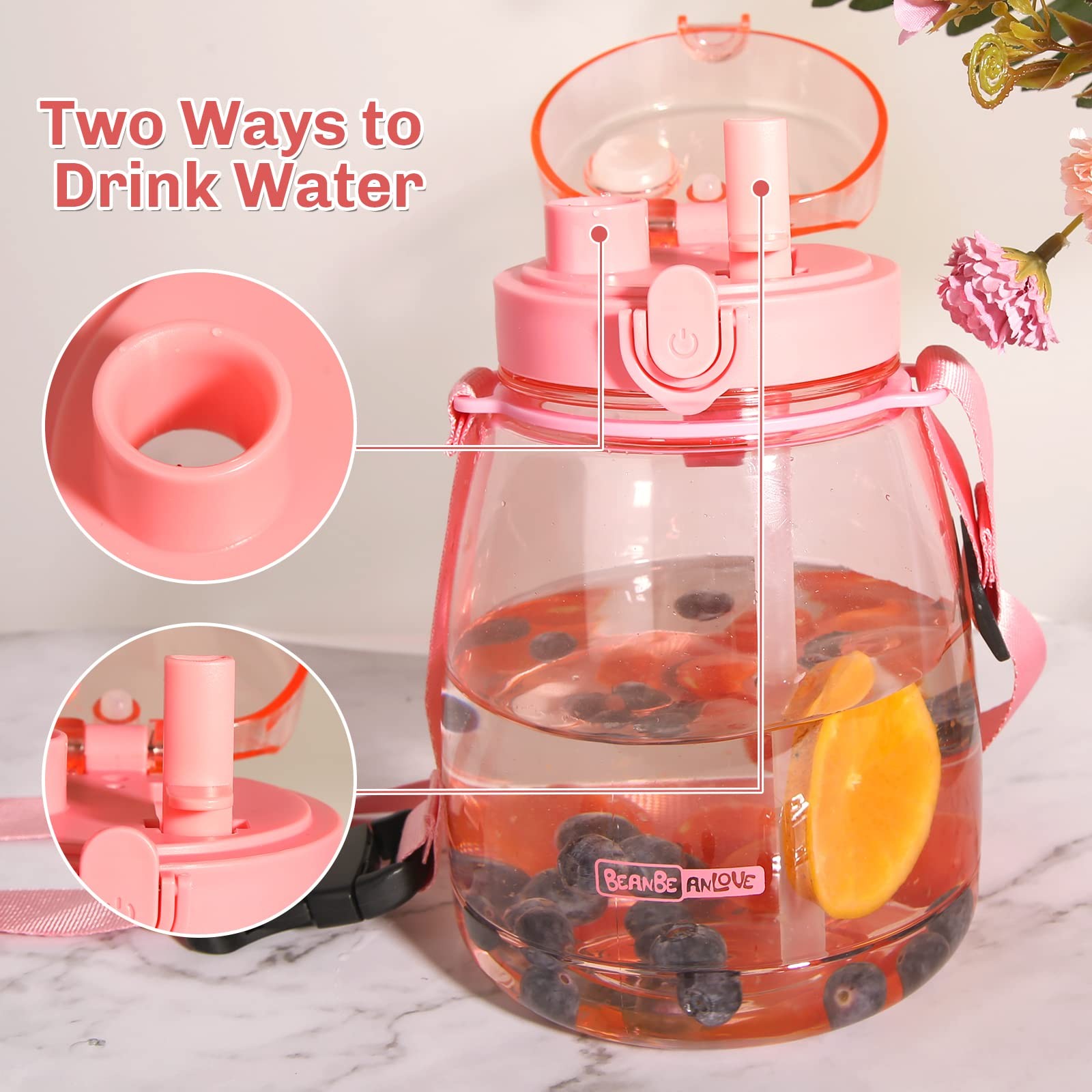 Pink Cute Water Bottles, Upgrade 45oz Water Bottles, Photo Artifact with Shou...