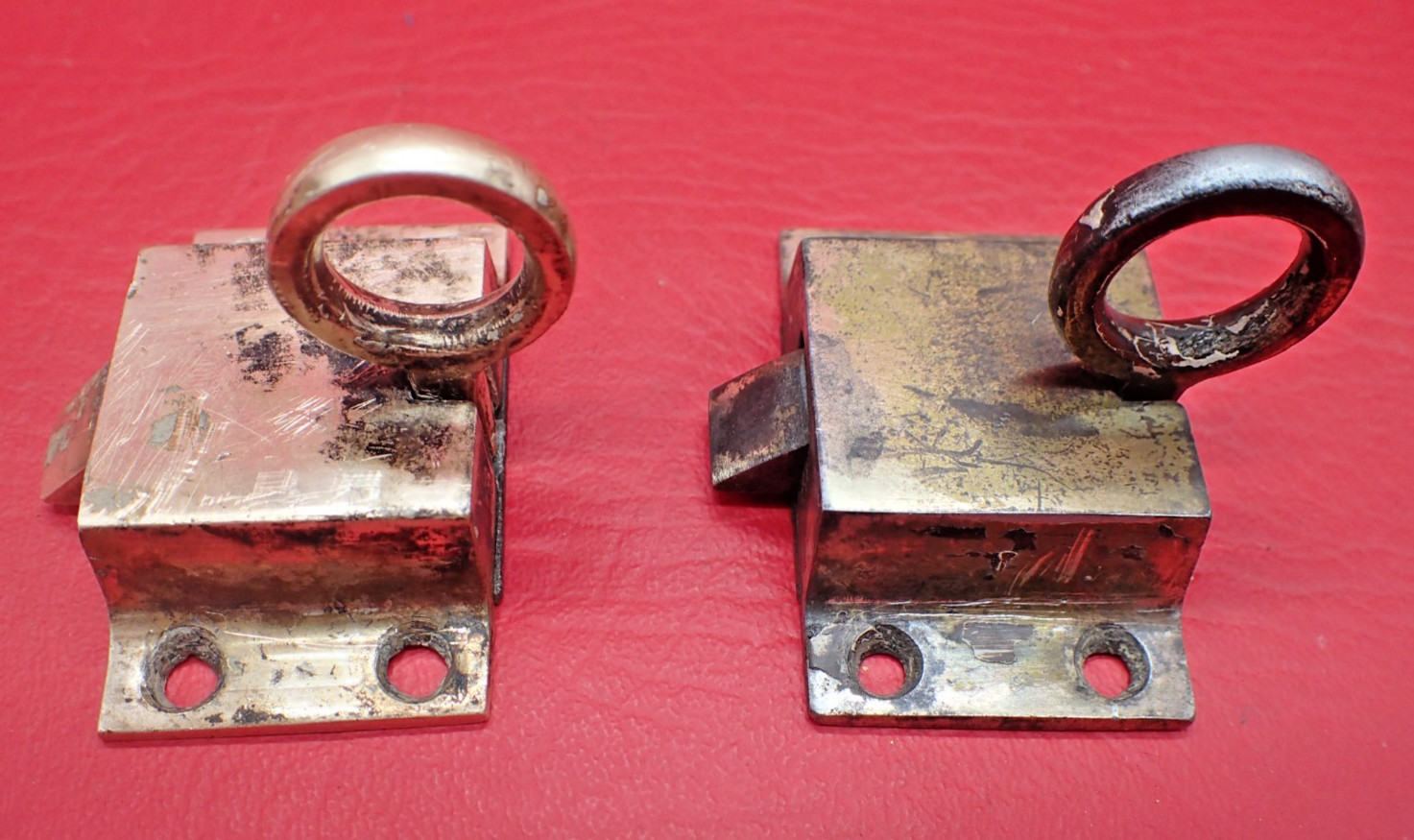 2 Antique Cabinet Cupboard Loop Slide Latch Latches Steel Brass Plate Hardware