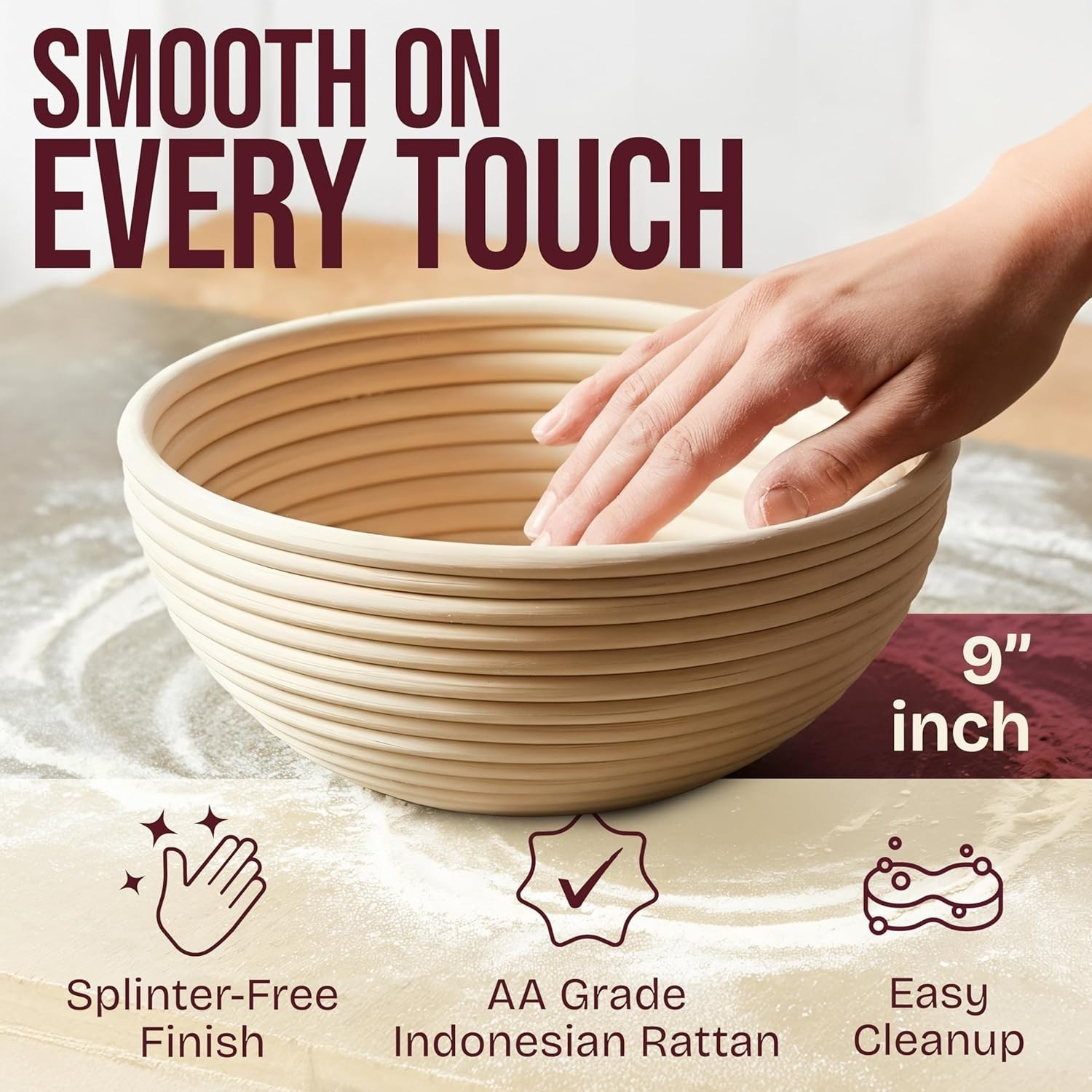 Sourdough Baking Essentials: 9" Splinter-Free Banneton with Starter Jar & Guide