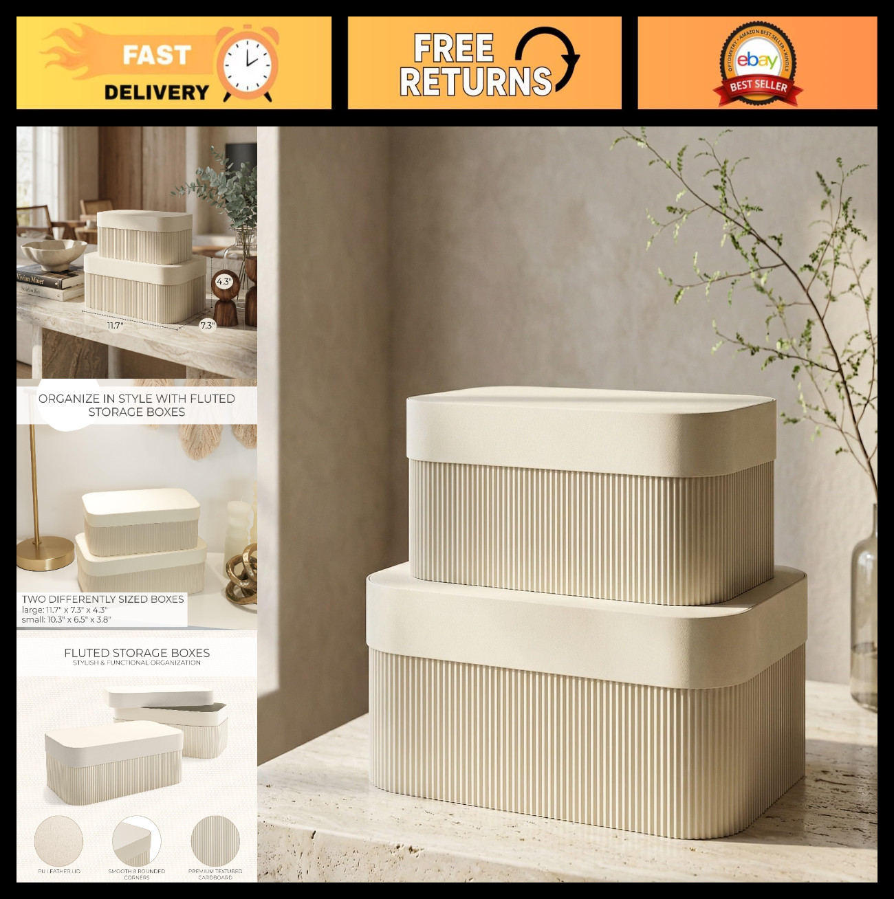 Decorative Storage Boxes with Lids - Set of 2 Fluted Photo Organizer Bins for Ho