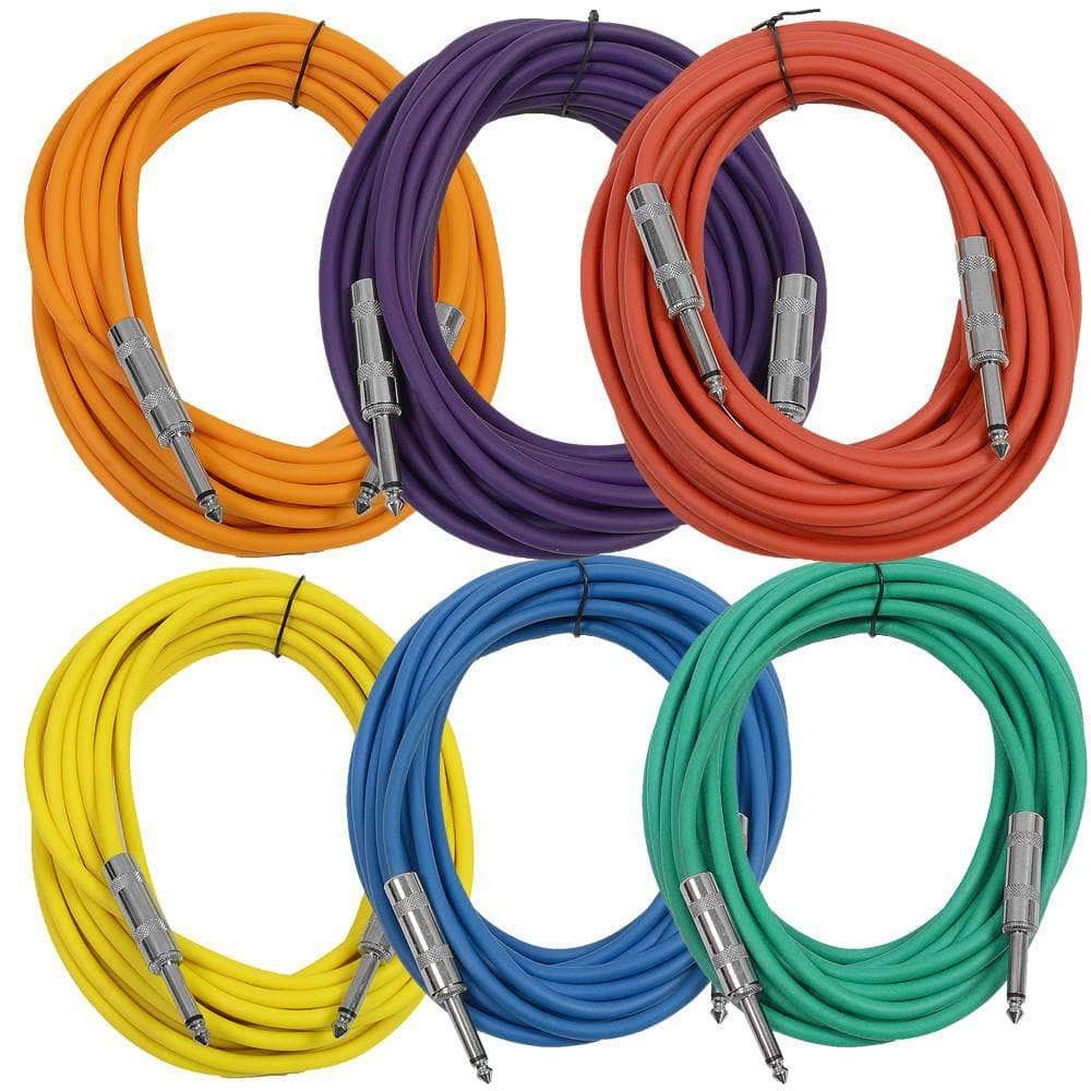 6 Pack 25ft TS Patch Cables Assorted Colors Audio Instrument Guitar Leads