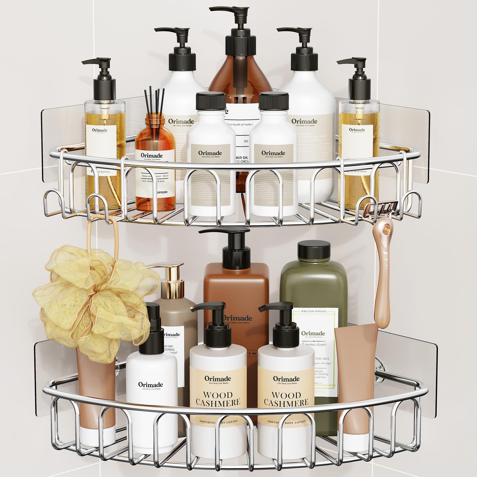 Orimade Corner Shower Caddy Stainless Steel with Hooks Wall 2 Tier, Silver