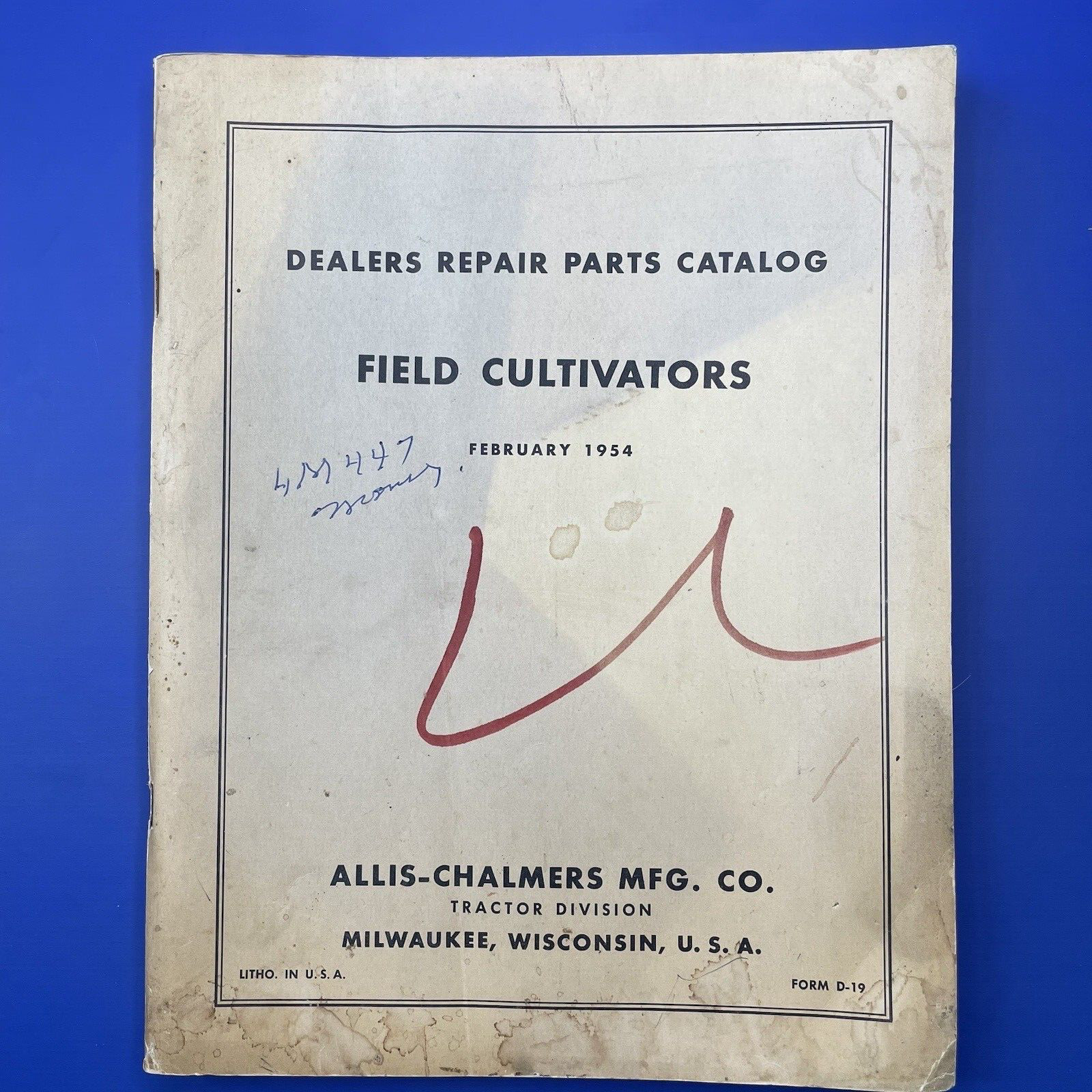 Allis Chalmers Feb 1954 Field Cultivator Manual Dealers Repair Parts Catalog VTG
