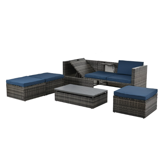 Sofa Set With Chaise Longue. Patio Furniture, Outdoor Wicker Furniture with Coff