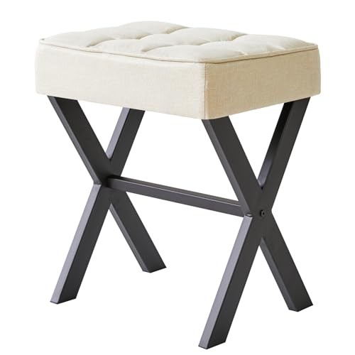 Square Makeup Stool with X-Leg Foot Rest Footrest, Ottoman 17.72"-Linen Linen