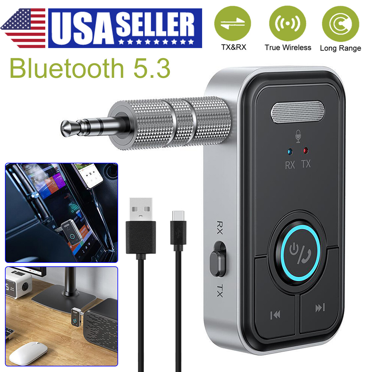 Wireless Bluetooth 5.3 Transmitter Receiver For Car Music Audio Aux USB Adapter