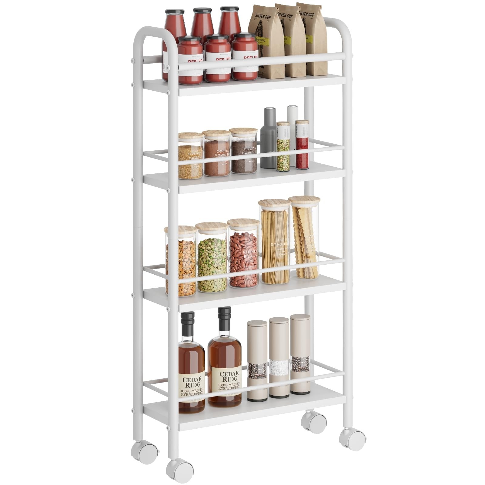 Slim Storage Cart 4 Tier Rolling Utility Cart On Wheels Narrow Shelving Unit Car