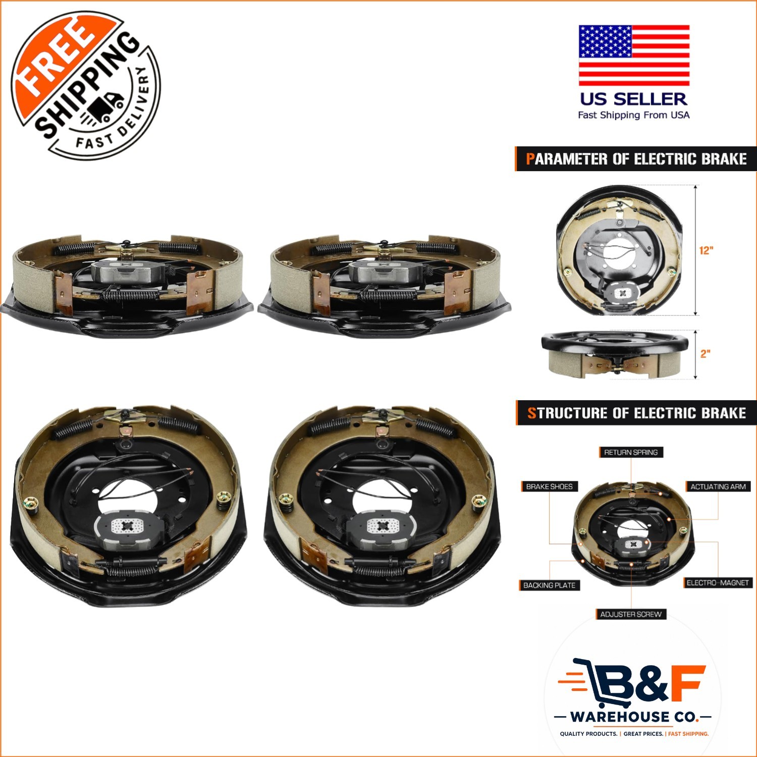 Durable 12" x 2" Electric Brake Set for 5,200 to 7,000 lbs Trailers—4 Pcs