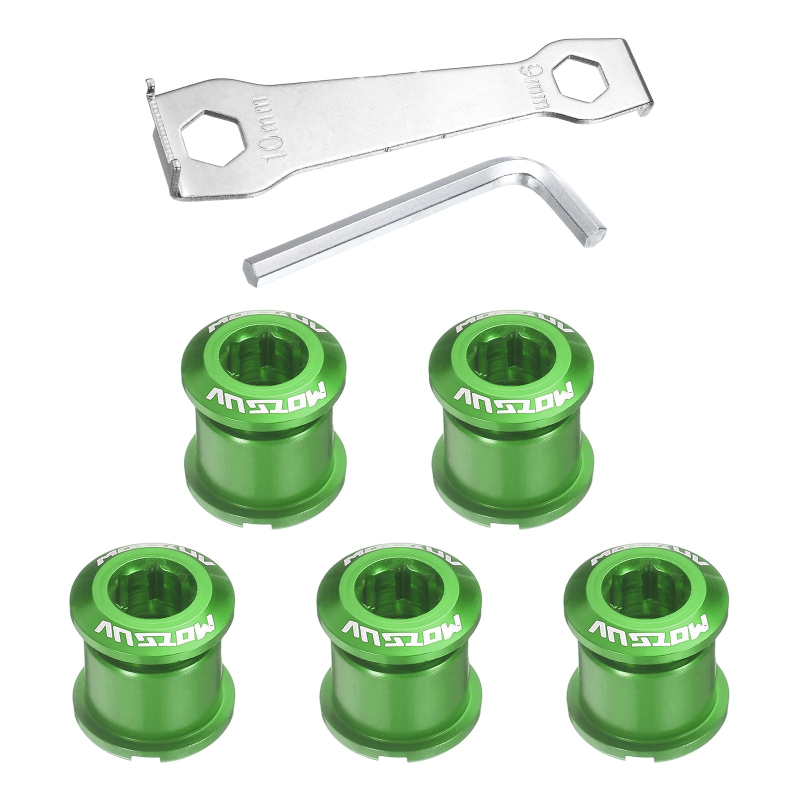 5pcs Double Chain Ring Bolt M8 Bike Chainwheel Screw W Mounting Wrench Green