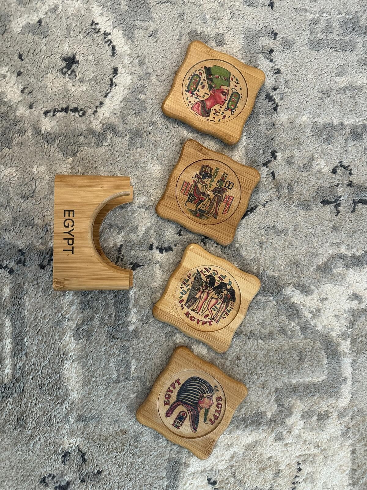 Handmade 4 piece Wooden Coaster Set and Holder Made in Egypt
