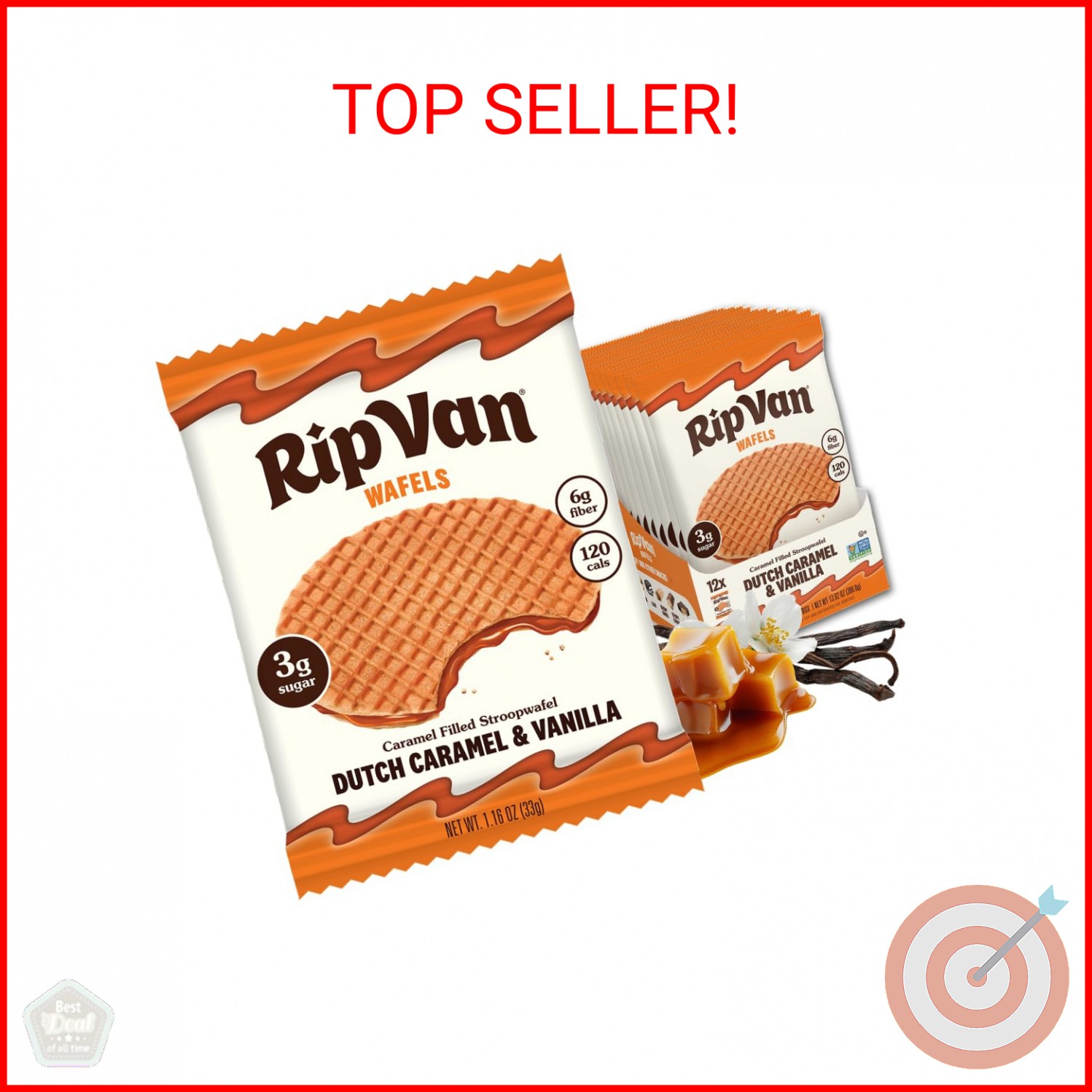 Rip Van Wafels Dutch Caramel & Vanilla Stroopwafels, Healthy Snacks, Non-GMO, Lo