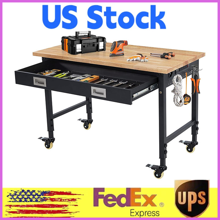 48x24"Garage Workbench with Wheels, Adjustable Rubber Wood Top with Power Outlet