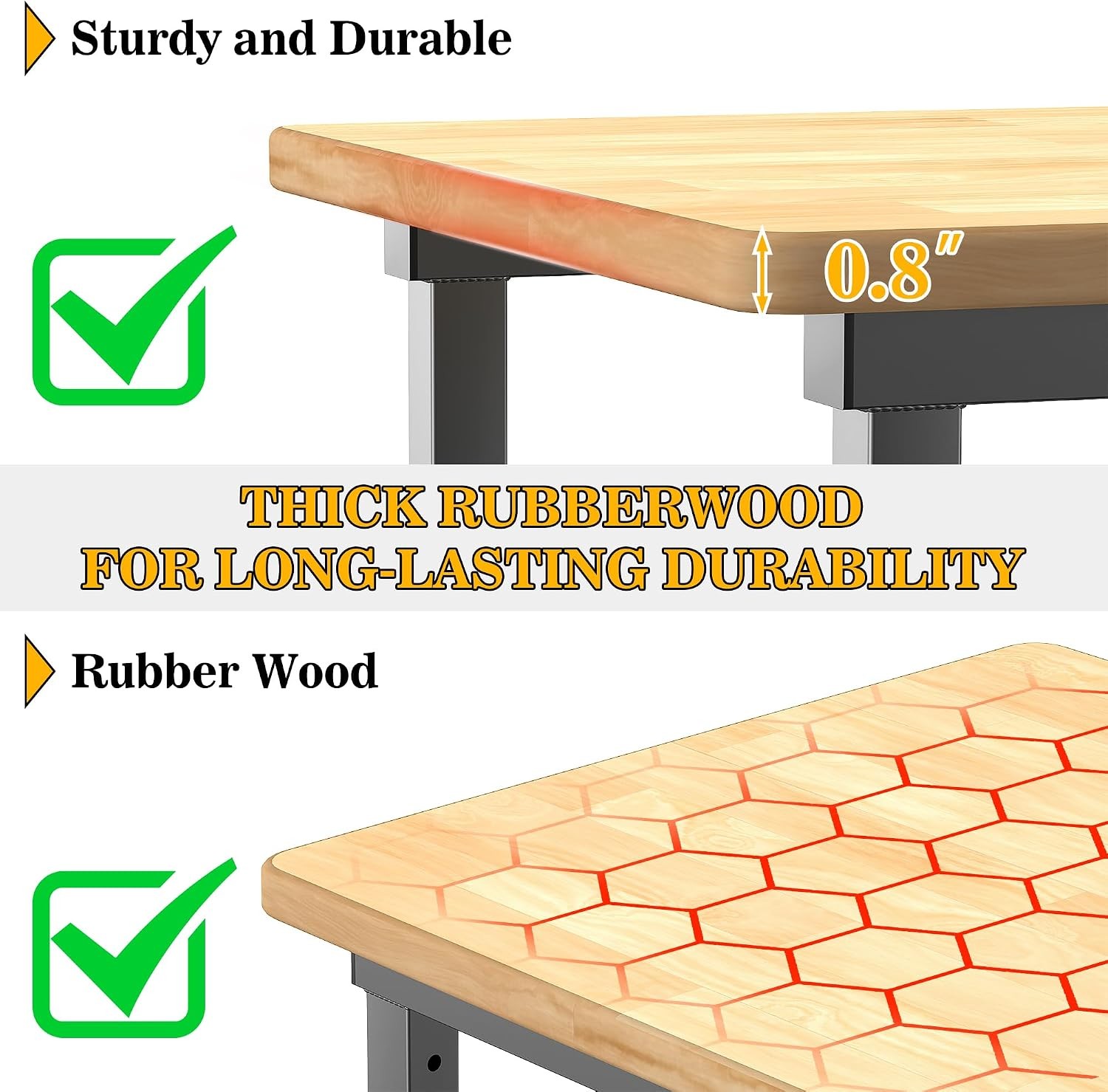Workbench Garage 47.5" Adjustable Height Work Table Heavy Duty Rubber Wood