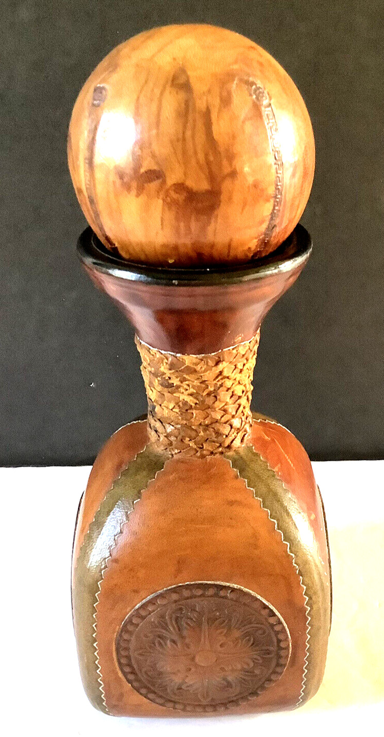 Leather Wrapped Bottle ITALY  12” WOOD STOPPER Huge Embossed & Tooled 12" 1960s
