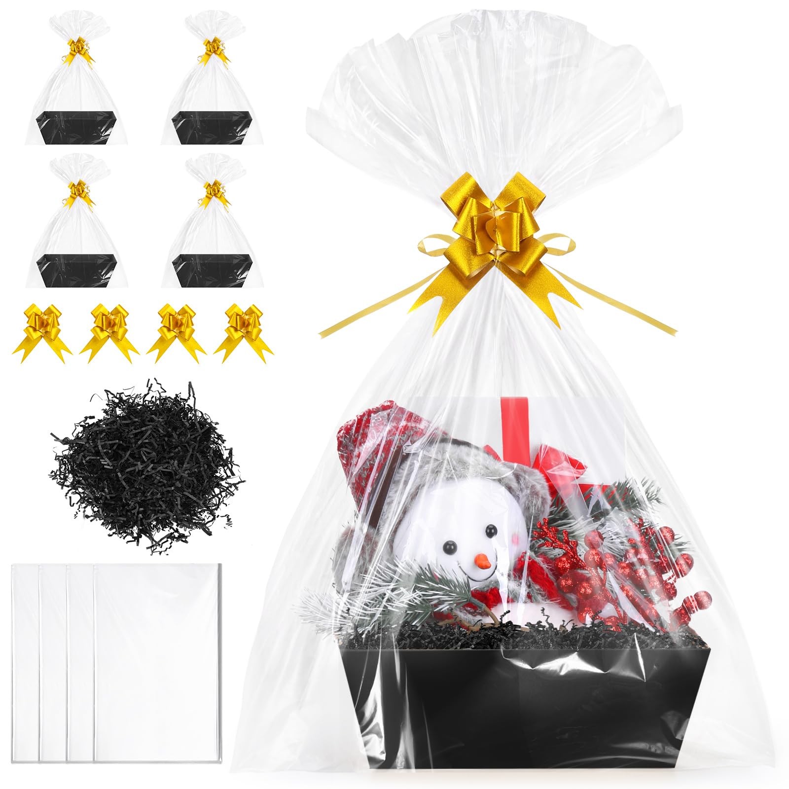 5 PCS Black Empty Gift Basket Kit Clear Bags Gold Bows Crinkle 10x12 Inch