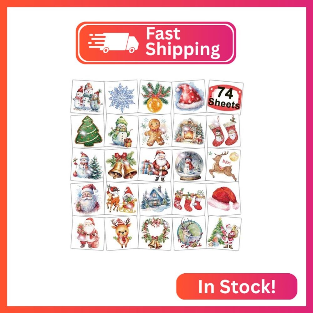 CHARLENT Glitter Christmas Temporary Tattoos for Kids,74 Individual Sheets