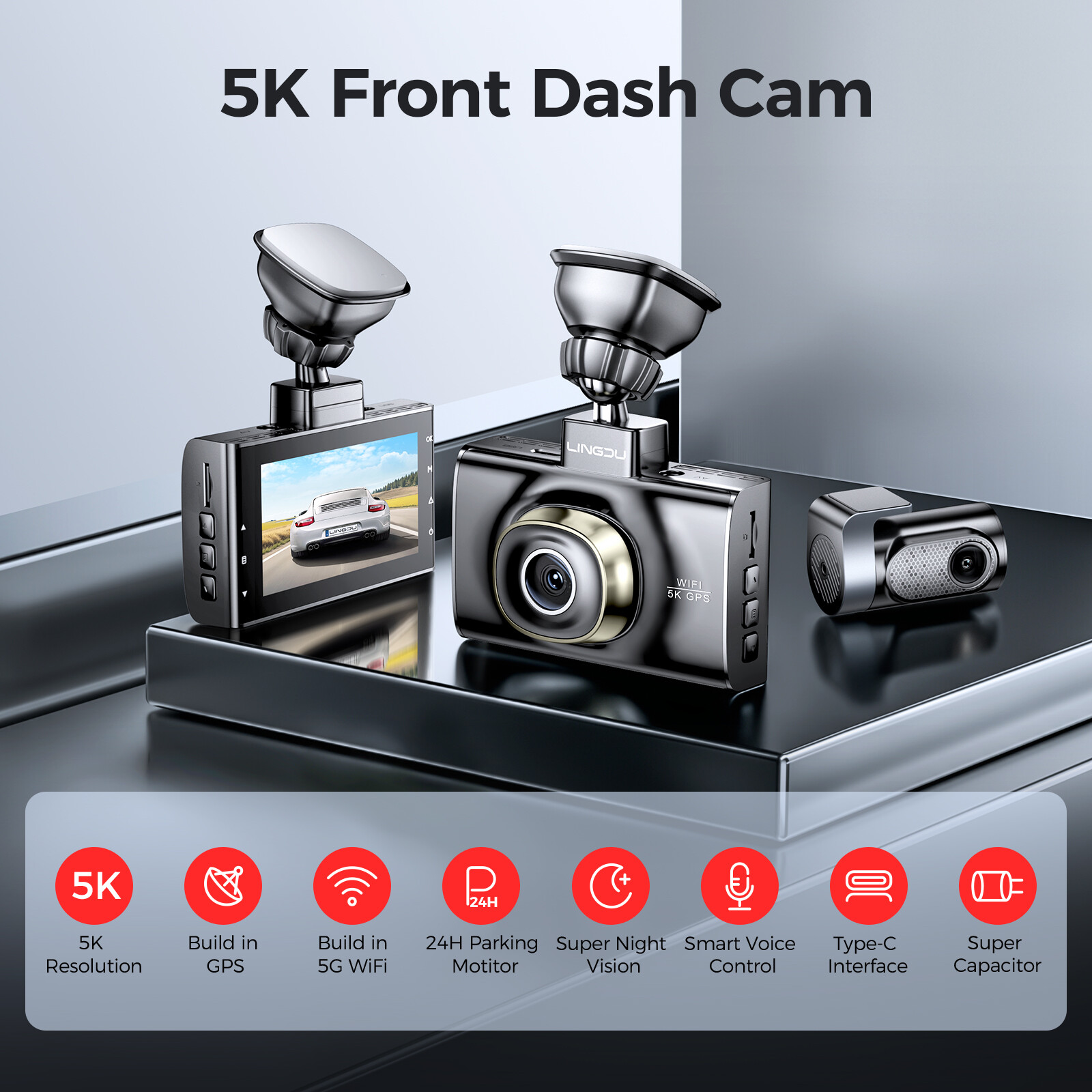 LINGDU Dash Cam WiFi GPS 4K+2K Front&Rear Dash Camera Parking Mode 64GB TF Card