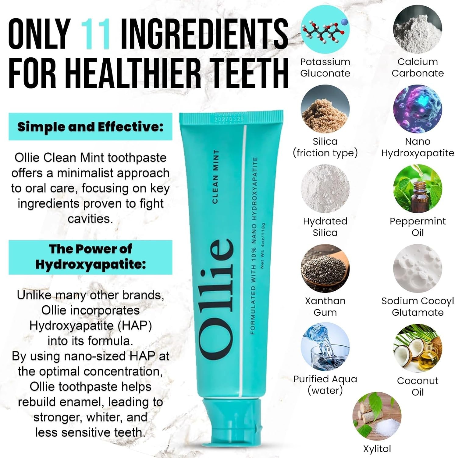 Ollie 10% Nano Hydroxyapatite Toothpaste 4oz - Fluoride Free Sensitive Whitening