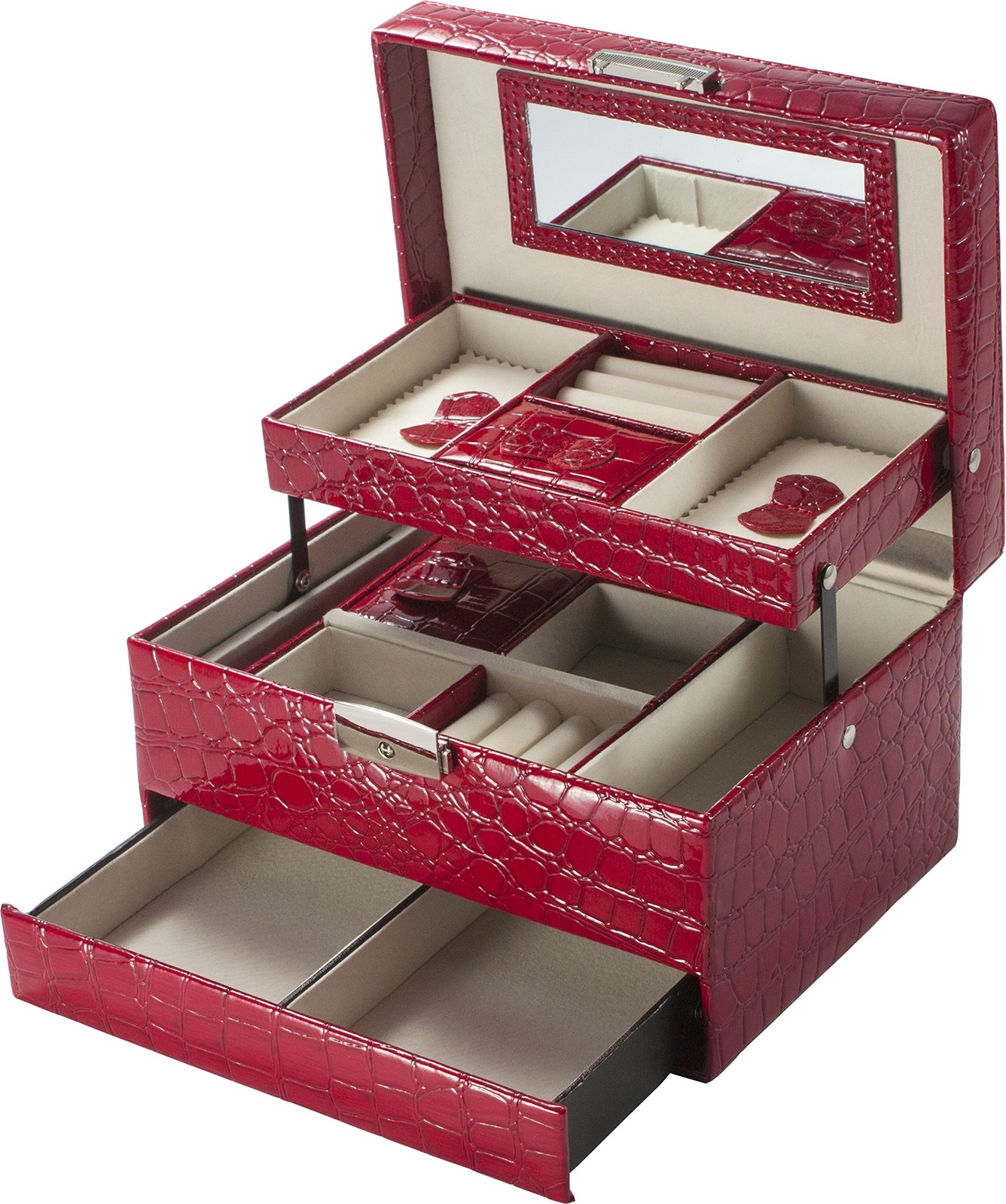 BARSKA Cheri Bliss Portable Faux Red Croc Embossed Jewelry Storage Box with D...