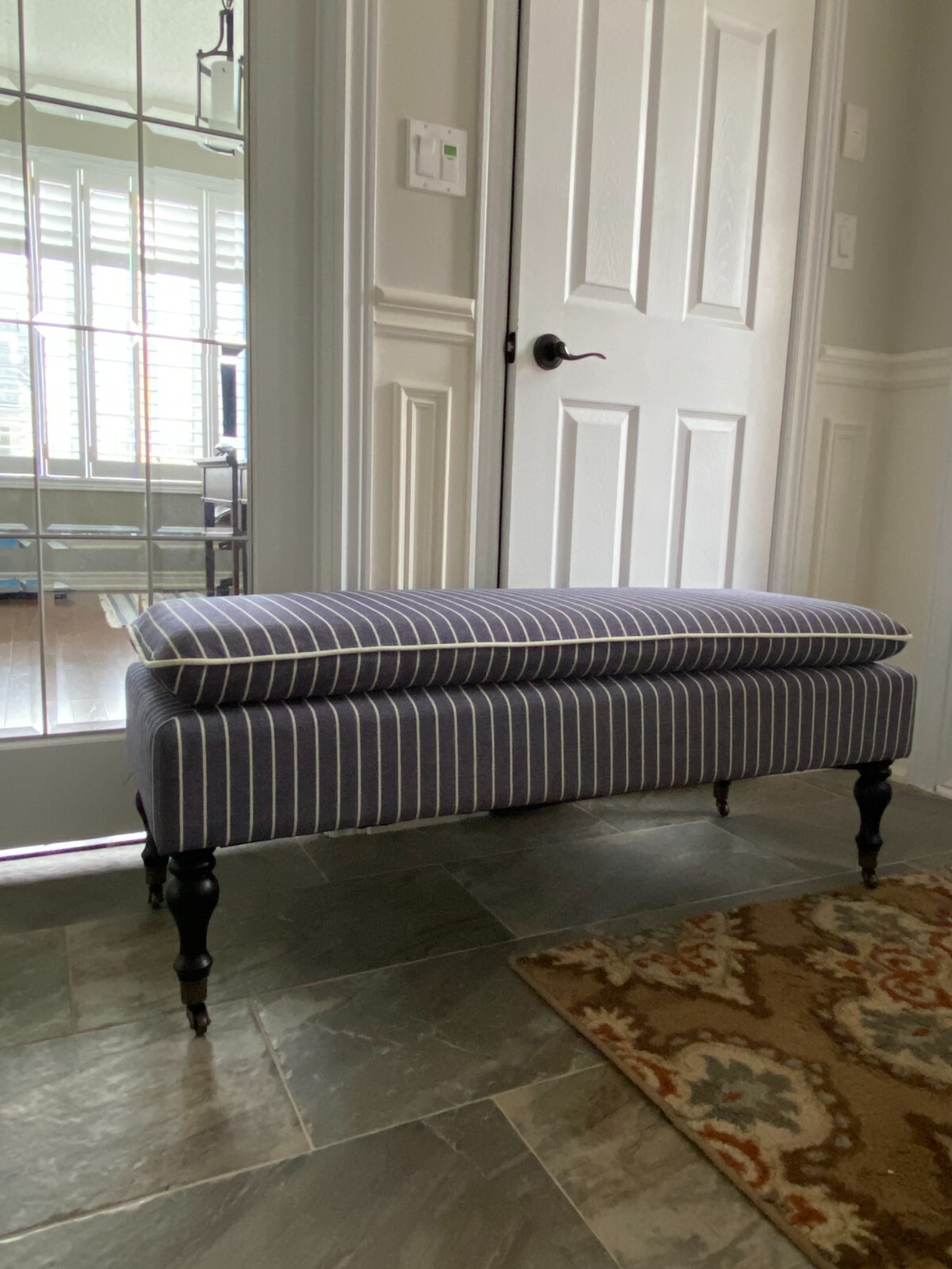 SEAT4U Linen Stripe Upholstered Rossini Ottoman Bench-Indigo Blue