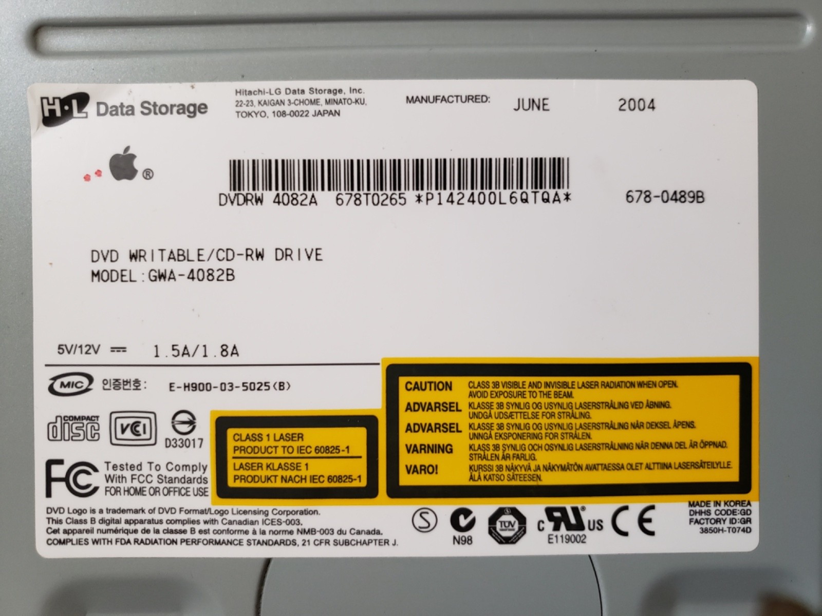 H-L Data Storage Internal DVD CD-RW Drive GWA-4082B for Apple