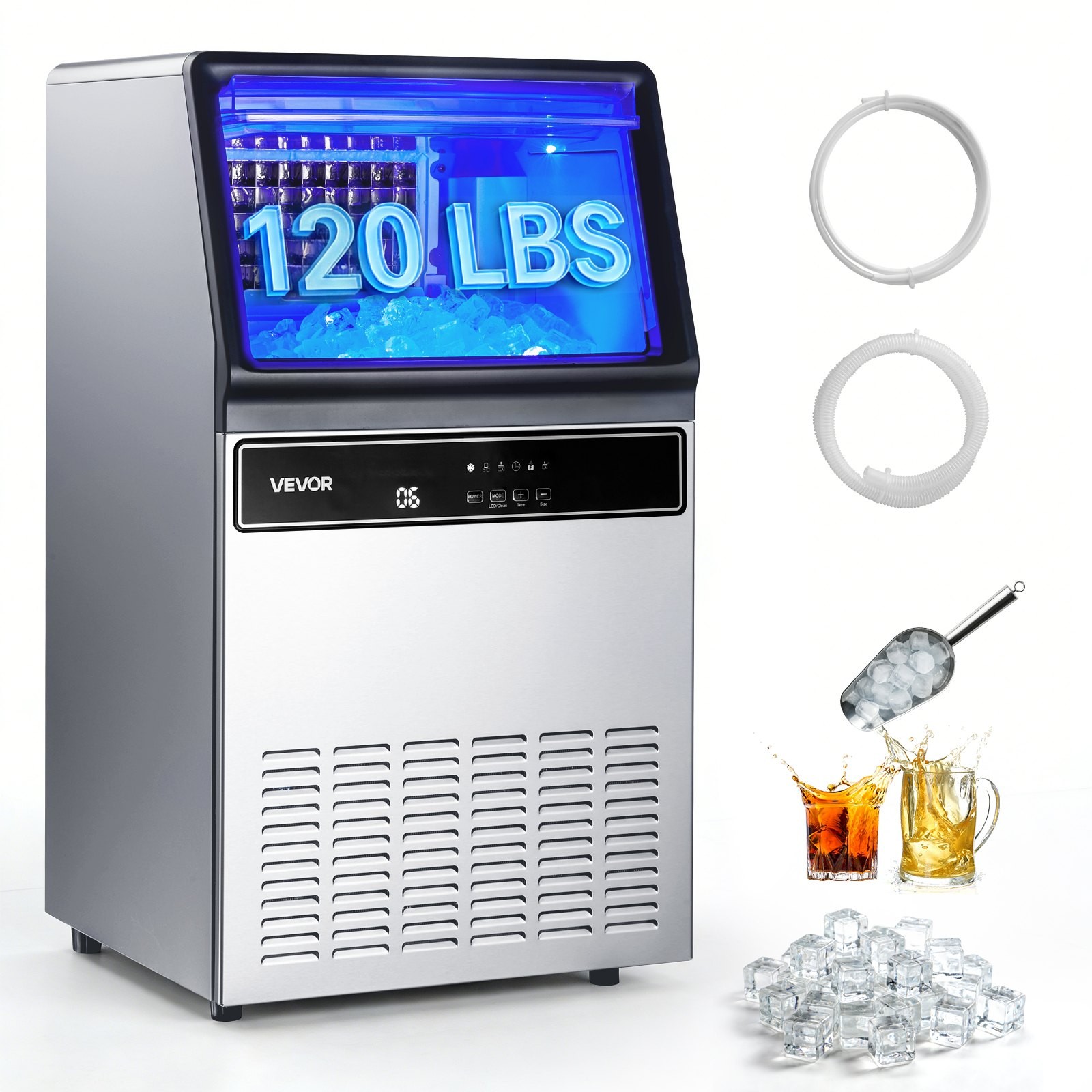 Commercial Ice Maker Machine, 120Lbs/24H with 33Lbs Storage, 45 Cubes per Cycle,