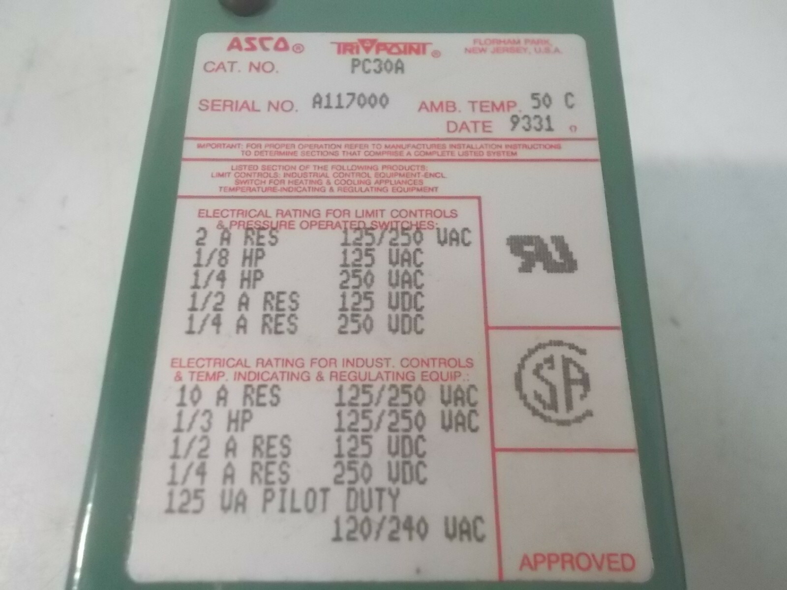 NIB Asco PC30A Pressure Switch