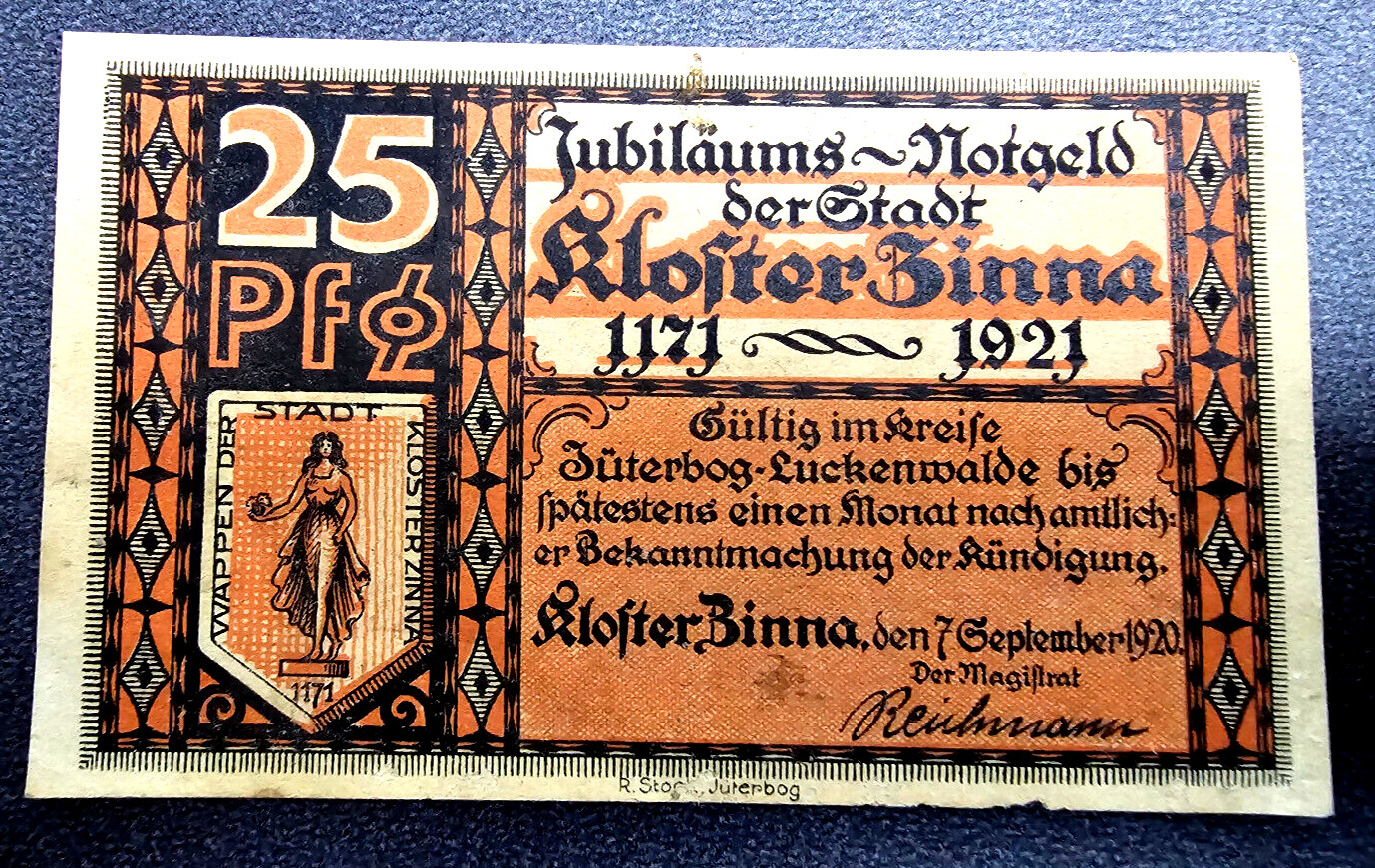 KLOSTER ZINNA NOTGELD 25 PFENNIG 1920 EMERGENCY MONEY GERMANY BANKNOTE (33025)