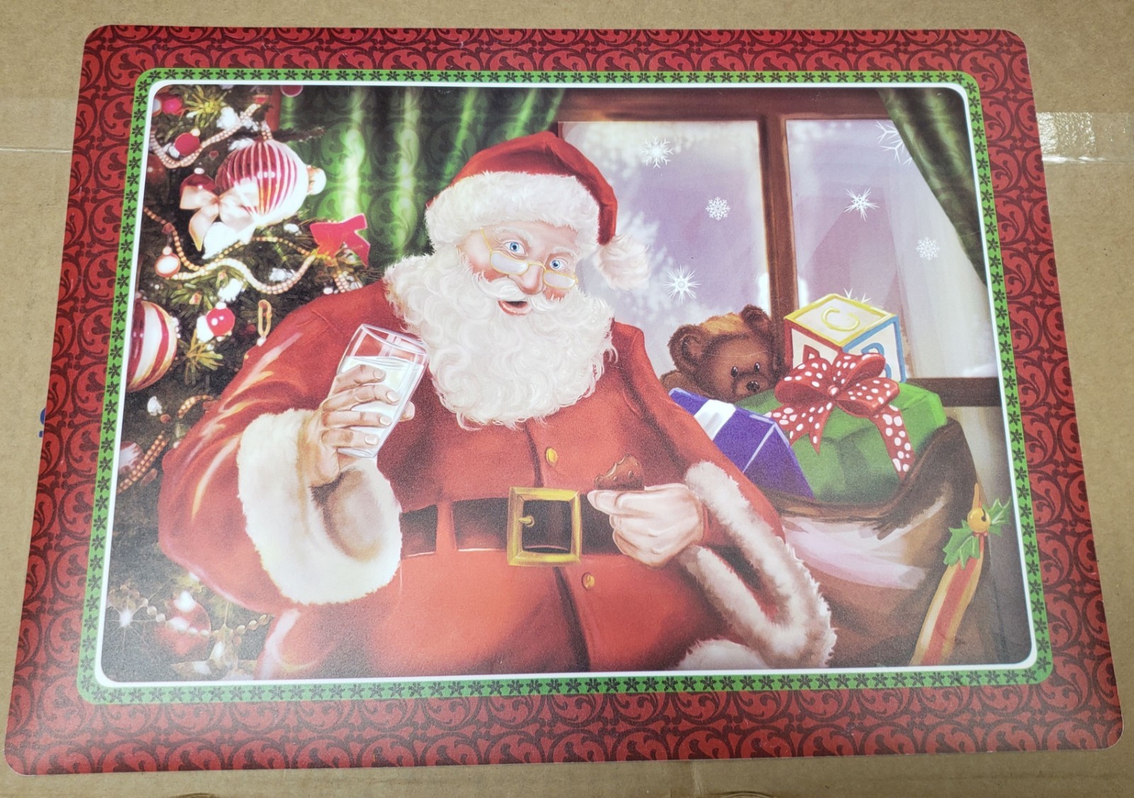 Set of 2 non clear vinyl PLACEMATS 18"x12", SANTA W/ GIFTS BY CHRISTMAS TREE