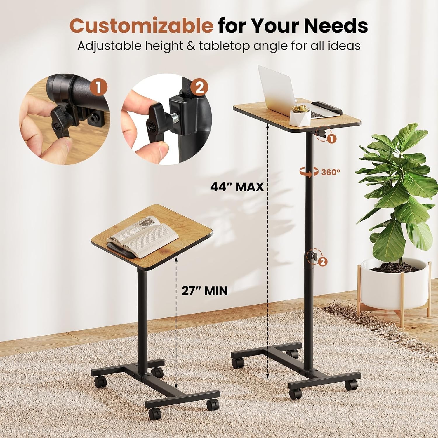 Overbed Table W/ Wheels Medical Adjustable Bedside Table Mobile Standing Desk