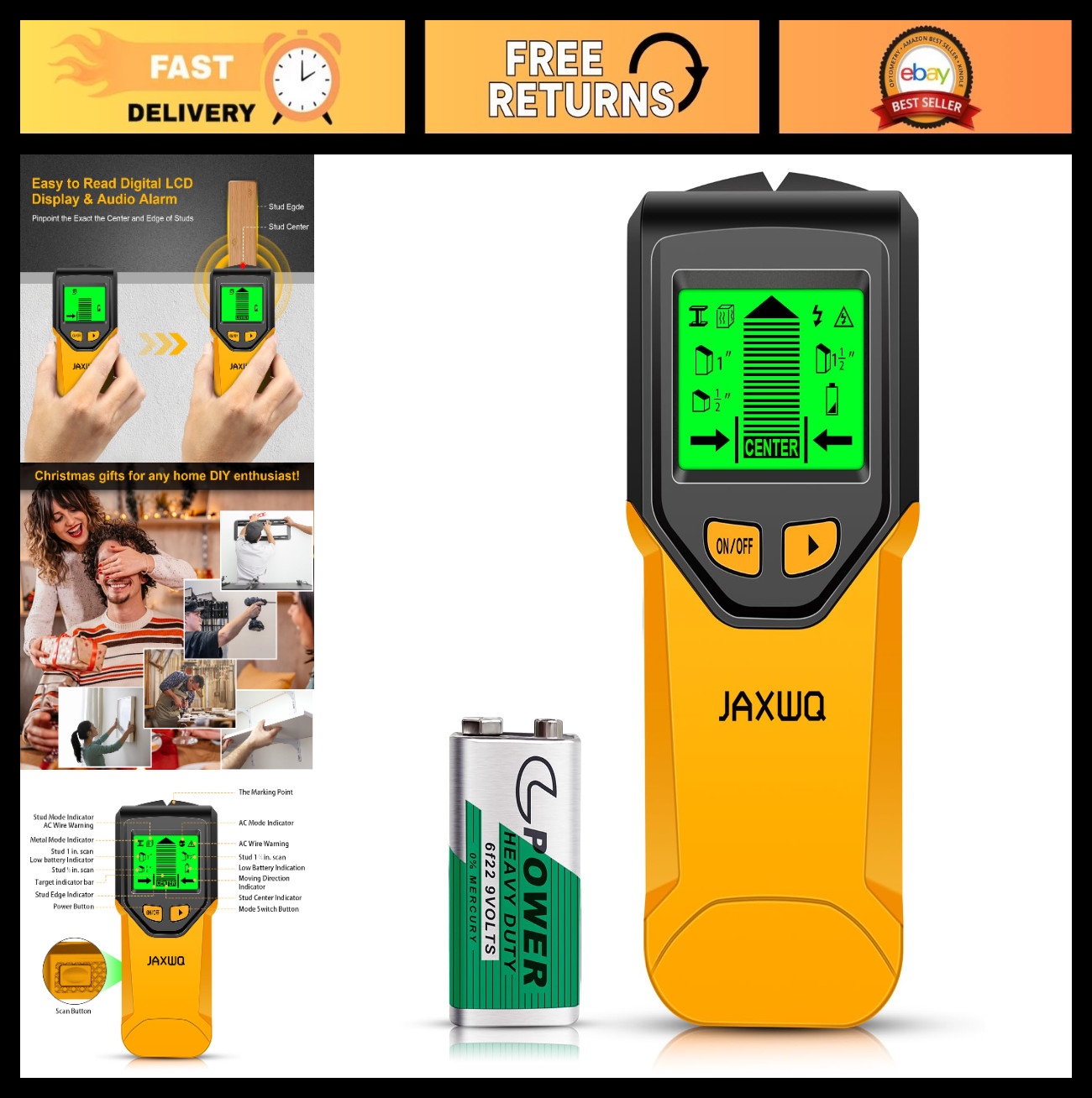 5-in-1 Stud Finder Wall Scanner Tool - Smart Chip, HD LCD Display, Metal/Wood De