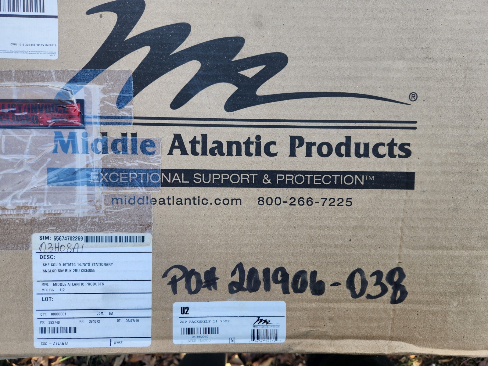 Middle Atlantic Products U2 2Sp Rackshelf 14.75 D, no hardware