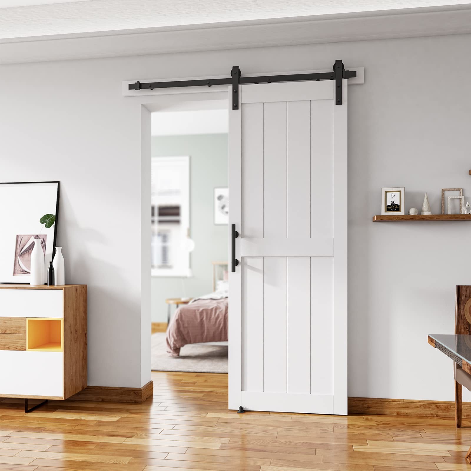 ALAMEDADT 30x84 White Sliding Barn Door Kit w/ Handle & Floor Guides PVC Waterpr