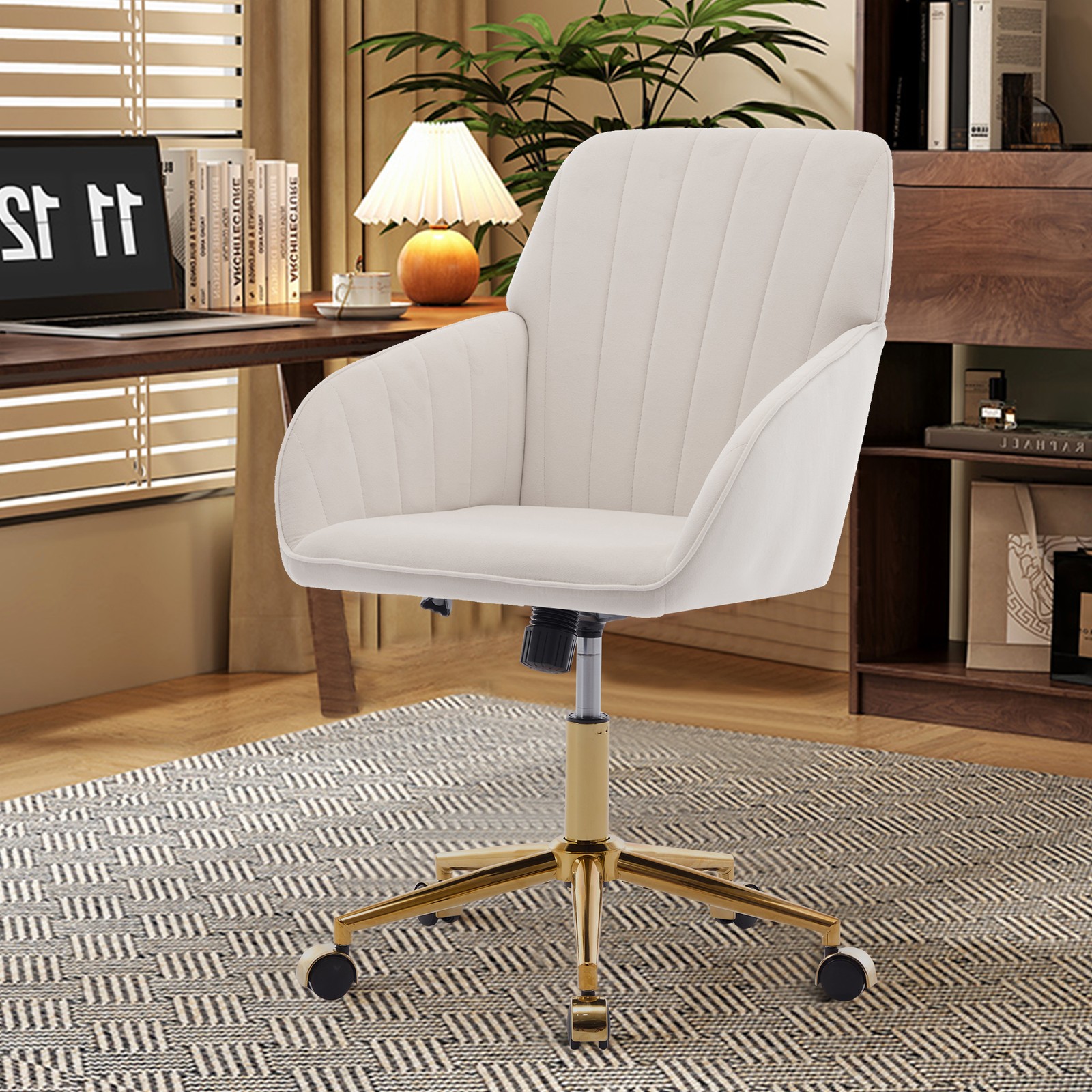 Adjustable Ergonomic Swivel Office Chair with Velvet Beige Seat