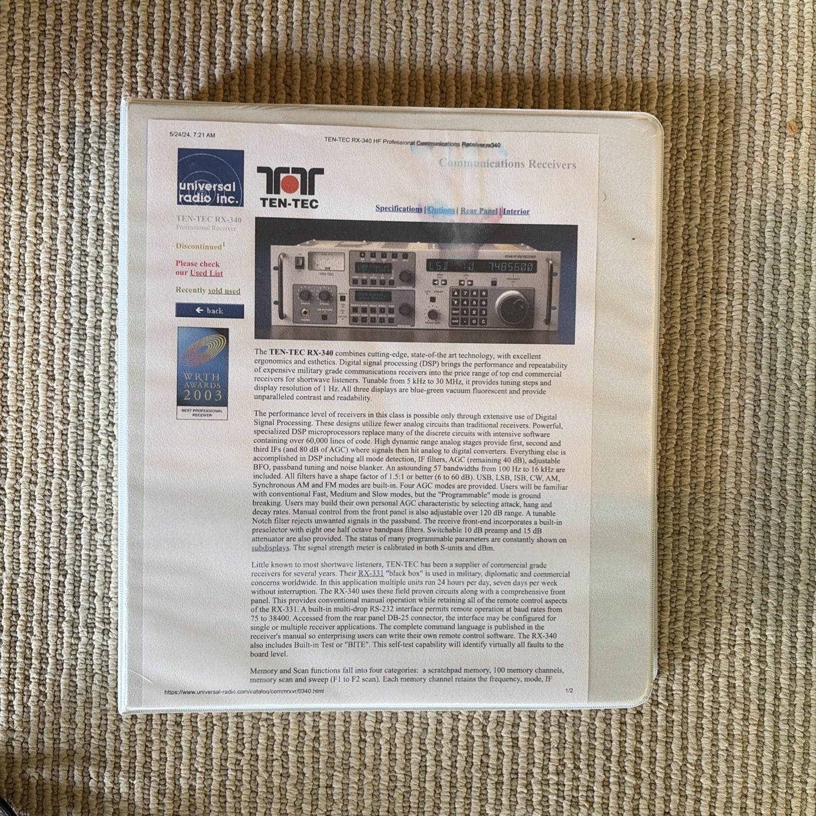 Ten-Tec RX340 HF DSP Receiver and Matching Speaker