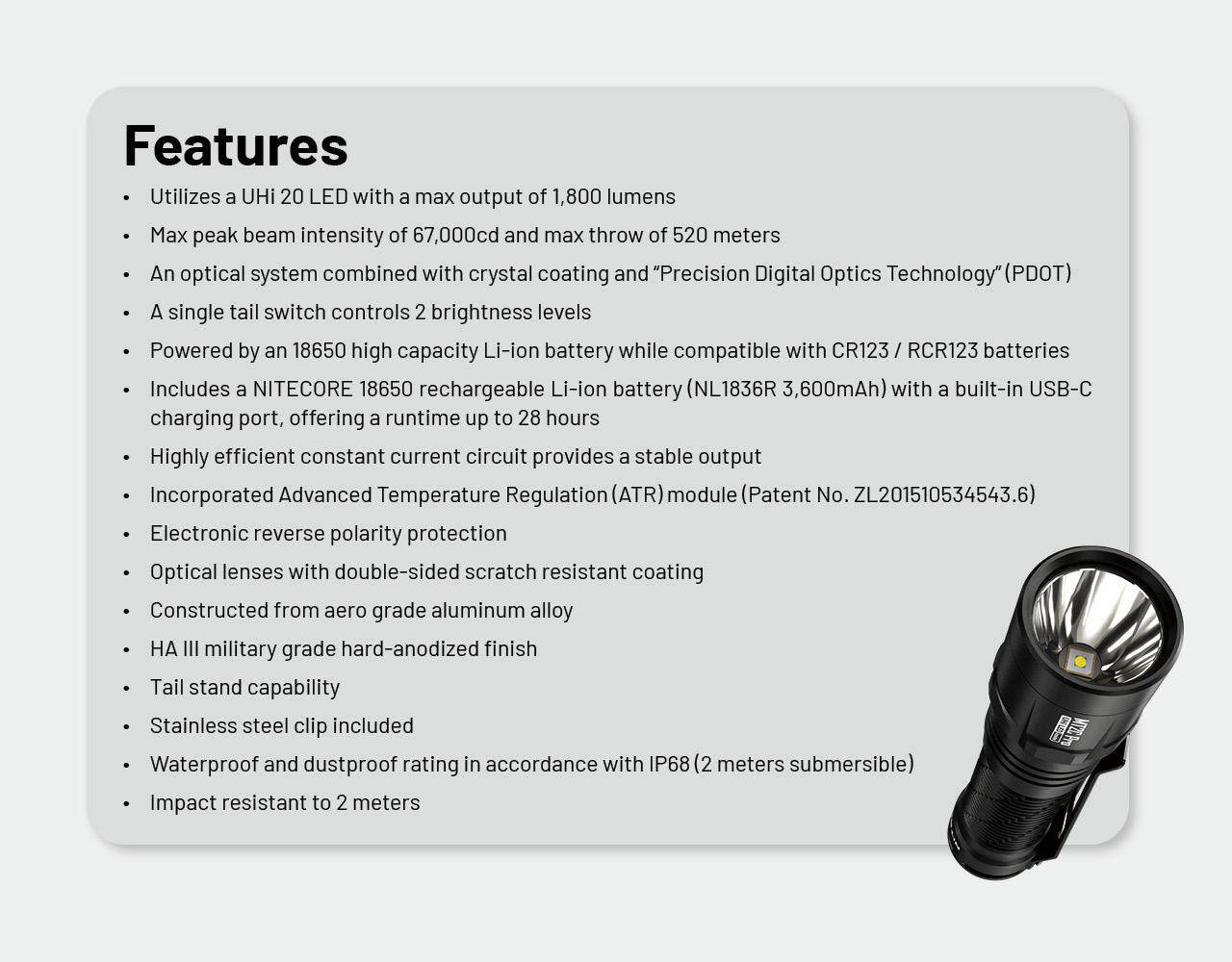 Nitecore MT2C Pro High Output Compact Tactical Flashlight- 1,800 Lumens