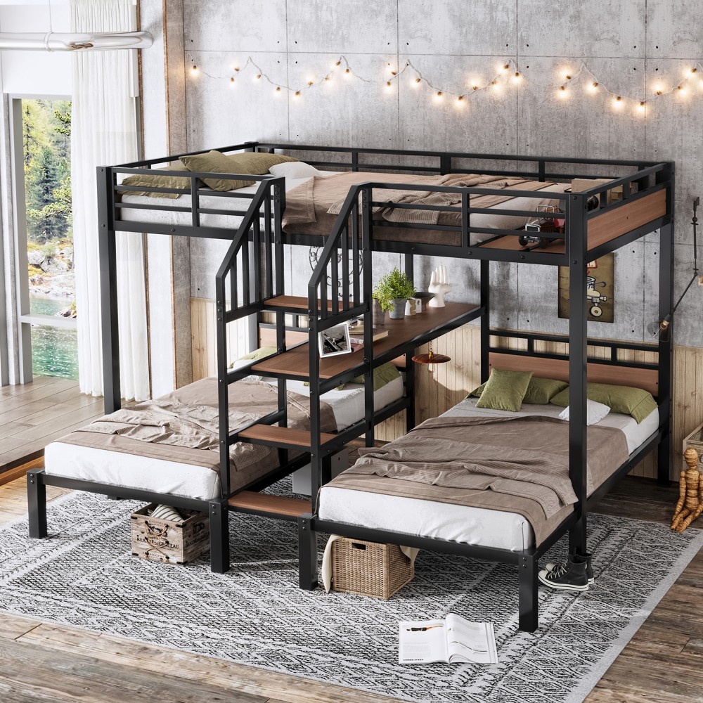 Full Over Twin Over Twin Metal Bunk Bed Metal Triple Storage Shelves Stairs