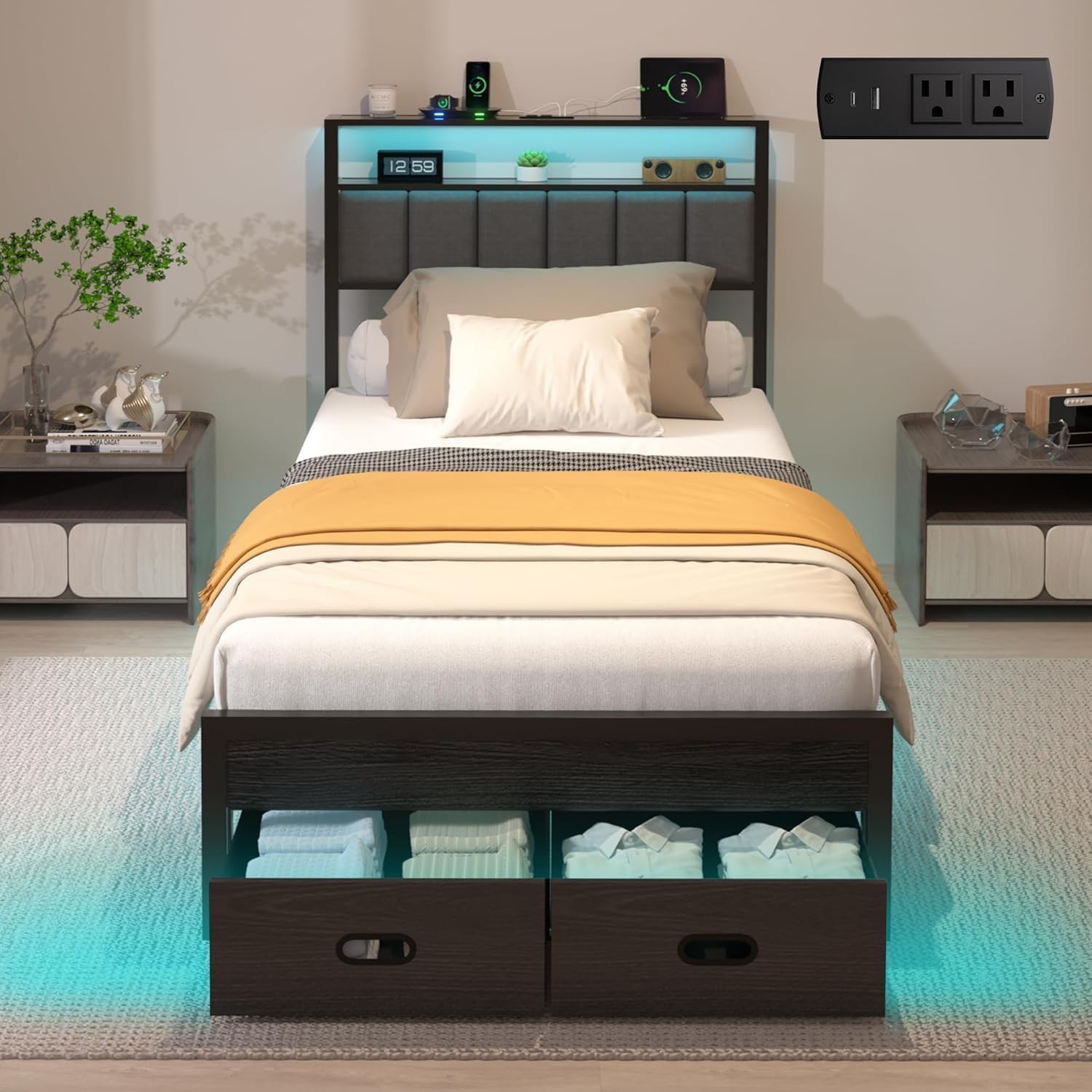 Twin Bed Frames with Storage Drawer Platform Bed with Charging Station