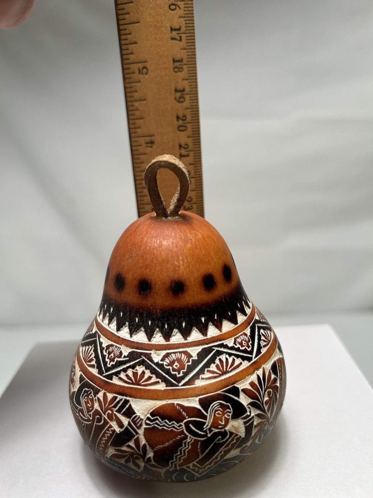 Etched Gourd/Rattle Signed Bertha Medina Peru 4”