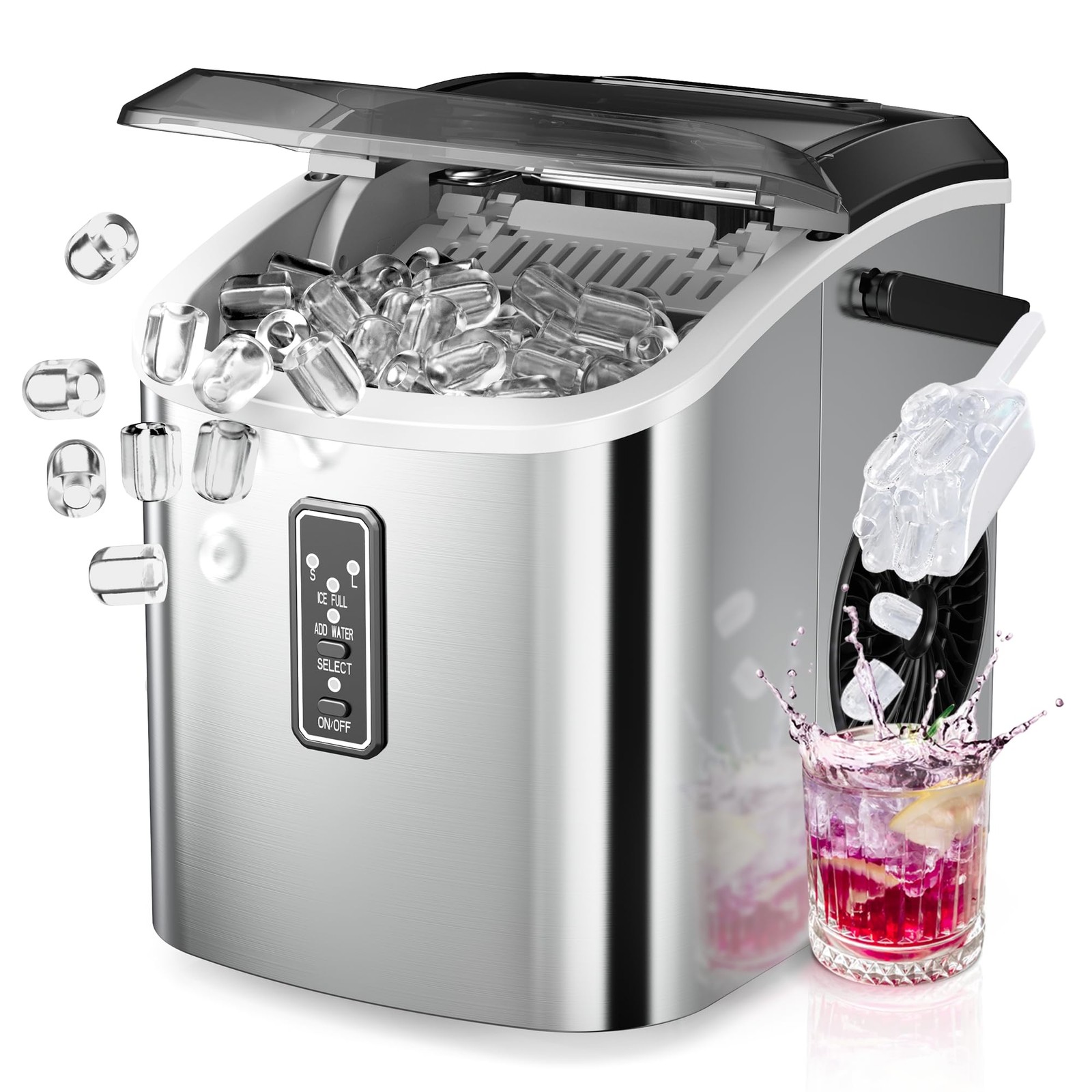 Ice Maker Countertop, 9 Cubes Ready in 6 Mins, 26lbs/24H, Self-Cleaning, Port...