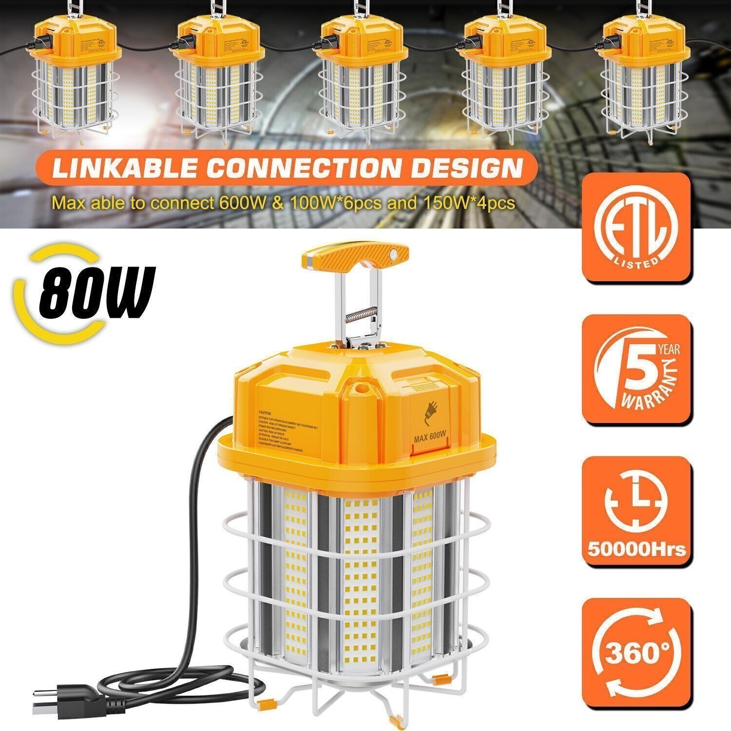 LED Temporary Work Light 80W Linkable Construction Jobsite Light 5000K 11,600LM