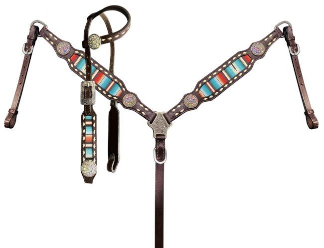 Serape Southwest Print One Ear Headstall & Breast Collar SET & Reins NEW