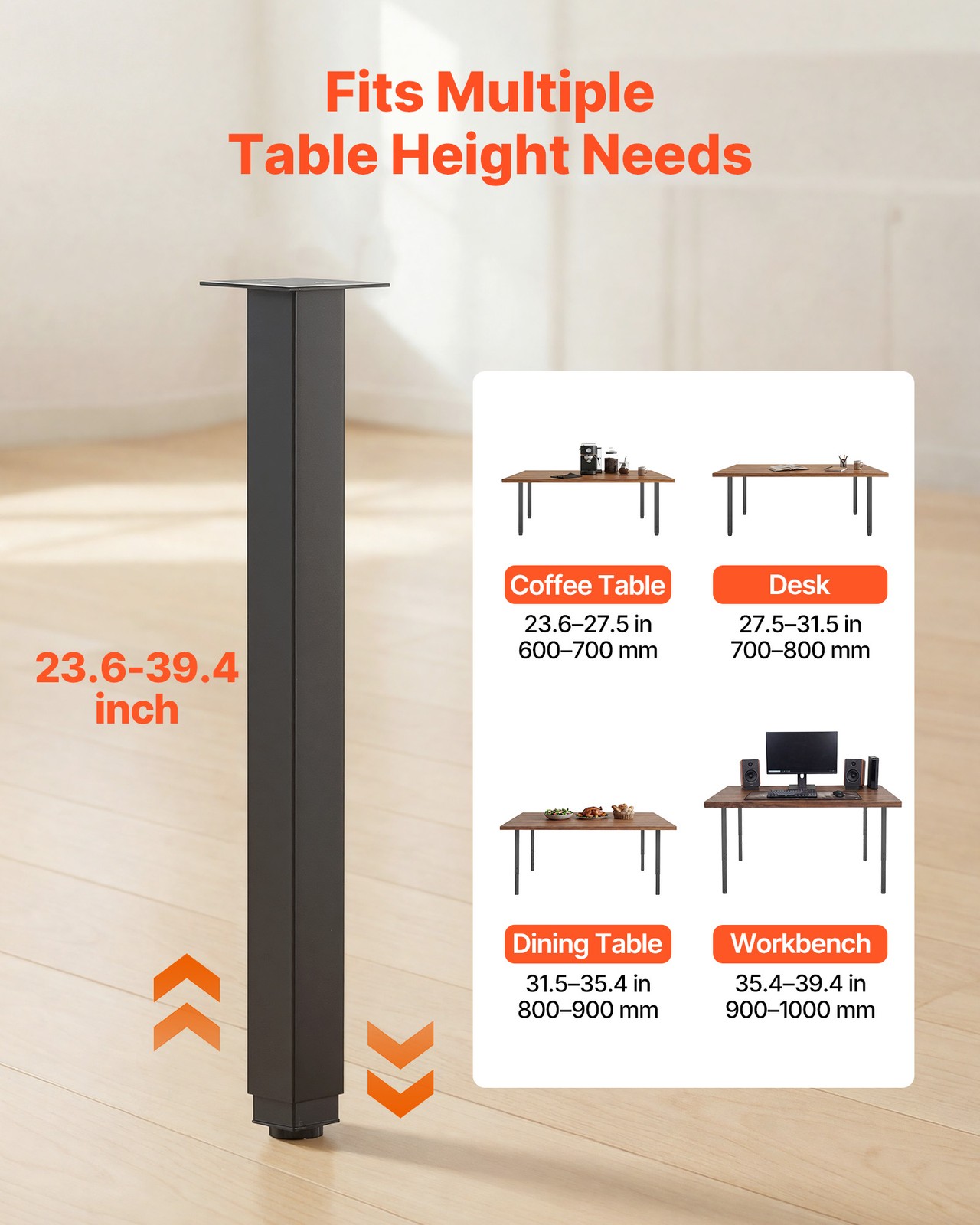 VEVOR Adjustable Steel Table Legs 24-40 in Square 1200 lbs Heavy Duty 4 PCS